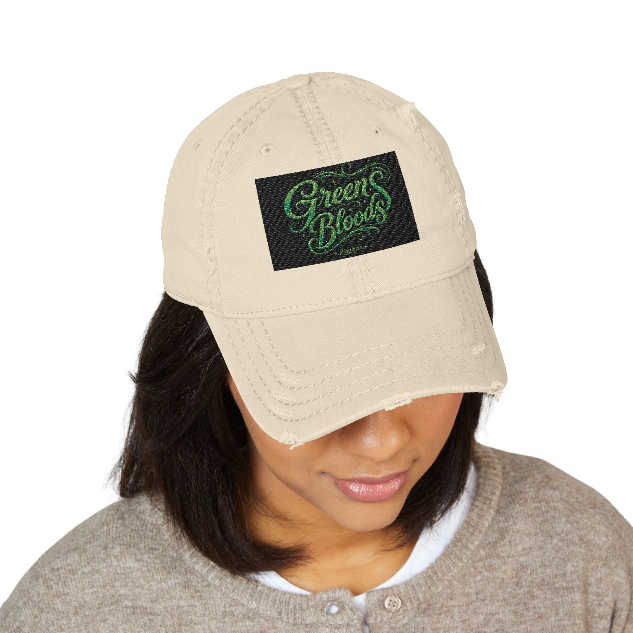 Distressed Embroidered 'Green Bloods' Dad Hat
