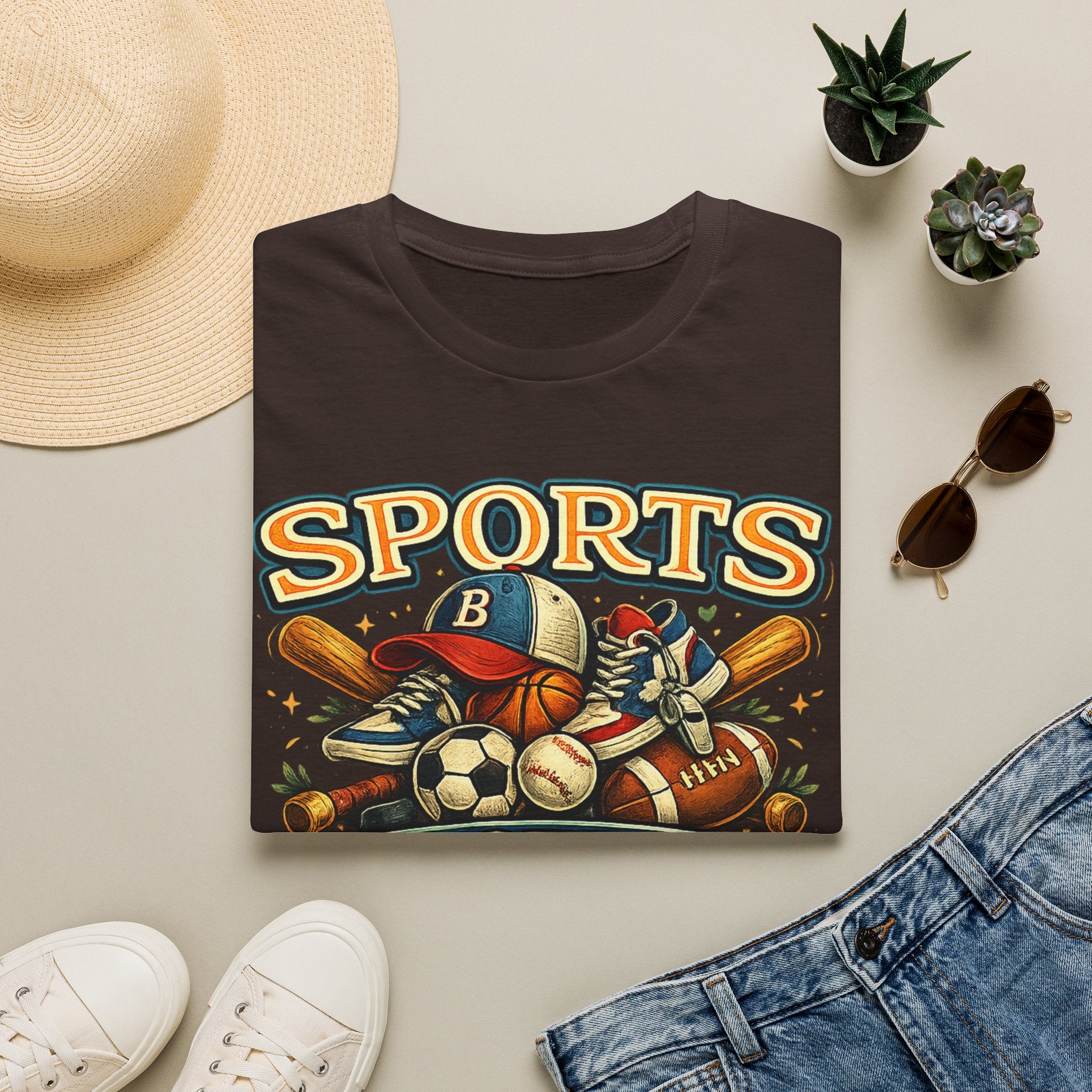 Sports Graphic T-Shirt — 'Sports' Vintage Multi-Sport Design (Baseball, Basketball, Soccer)