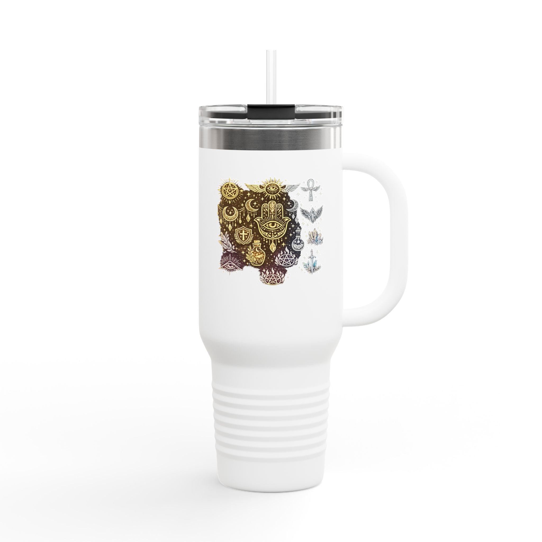 40oz Insulated Travel Mug — Steampunk Gear Floral Motorcycle Skull