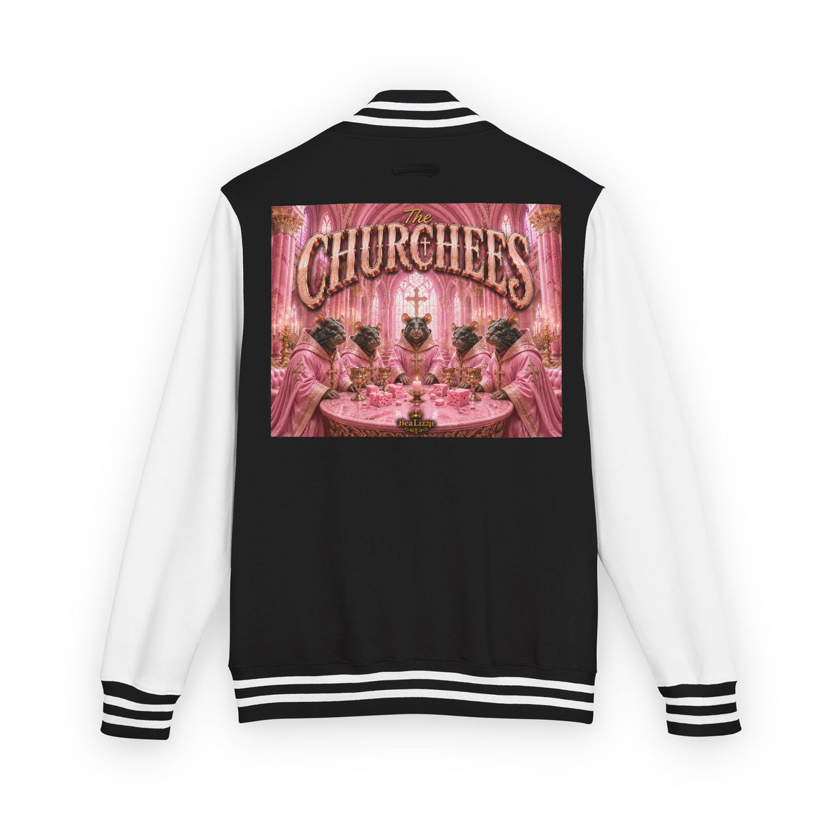 Letterman Jacket — Pink 'Churchees' Vintage Dinner Graphic