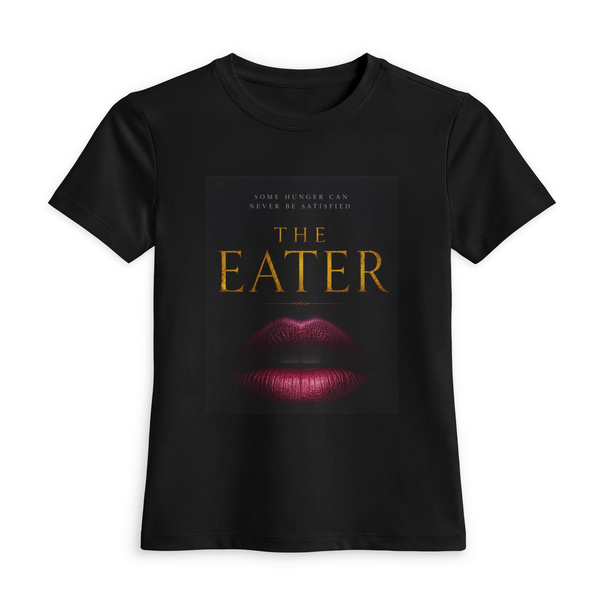 The Eater Graphic Tee — Women's Black Fitted Shirt with Lip Art