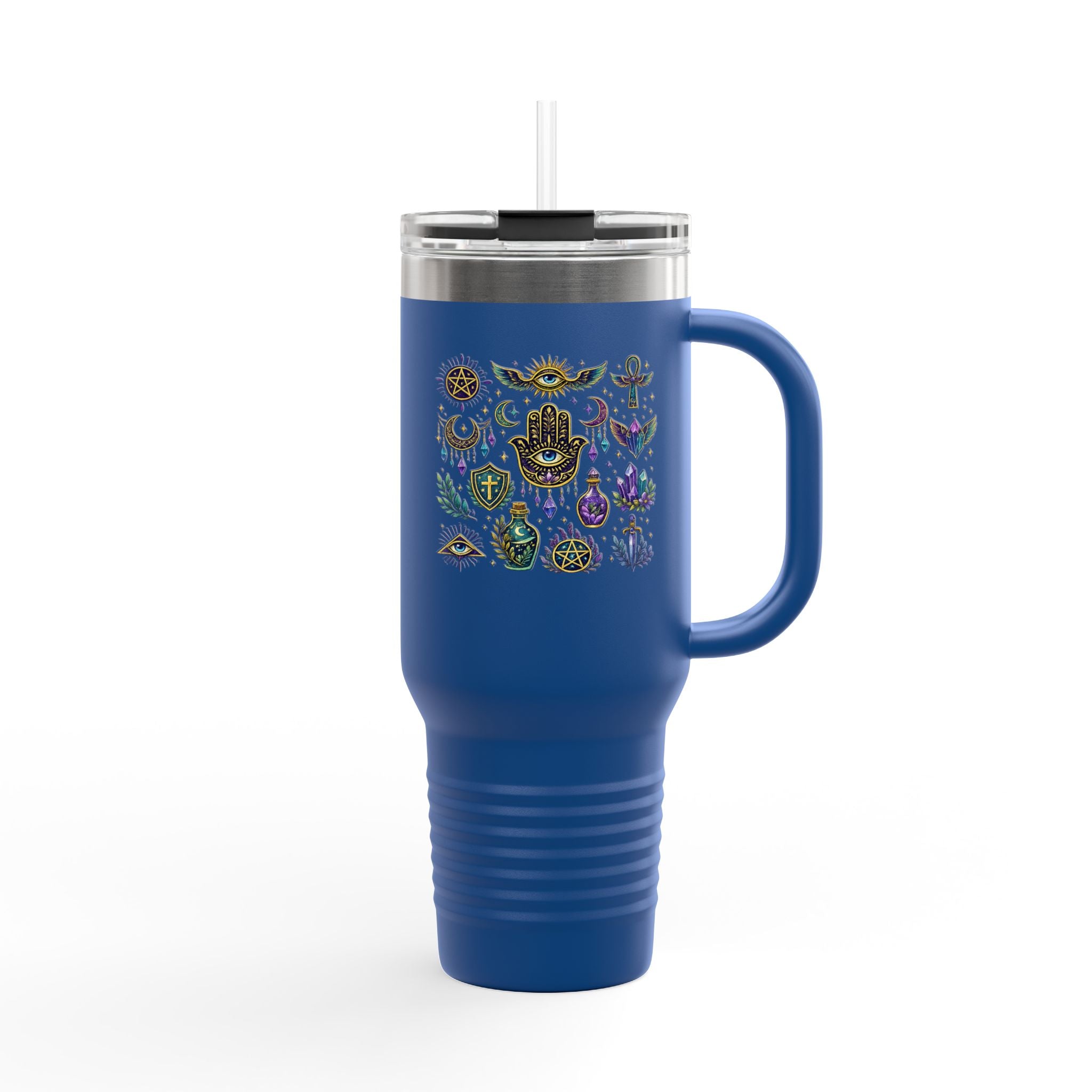 40oz Insulated Travel Mug — Mystical Symbols Floral Hamsa Stainless Steel Tumbler