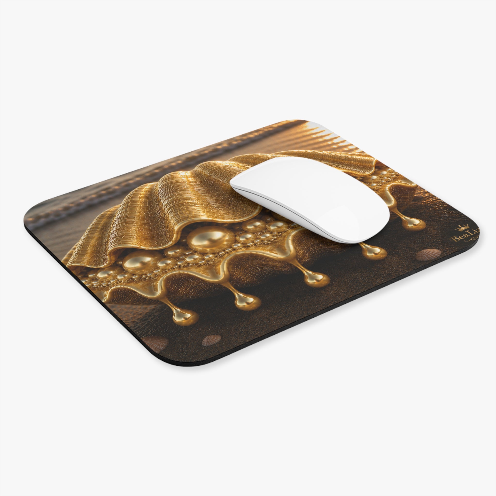 Golden Seashell Mouse Pad — Luxury Nautical Desk Mat