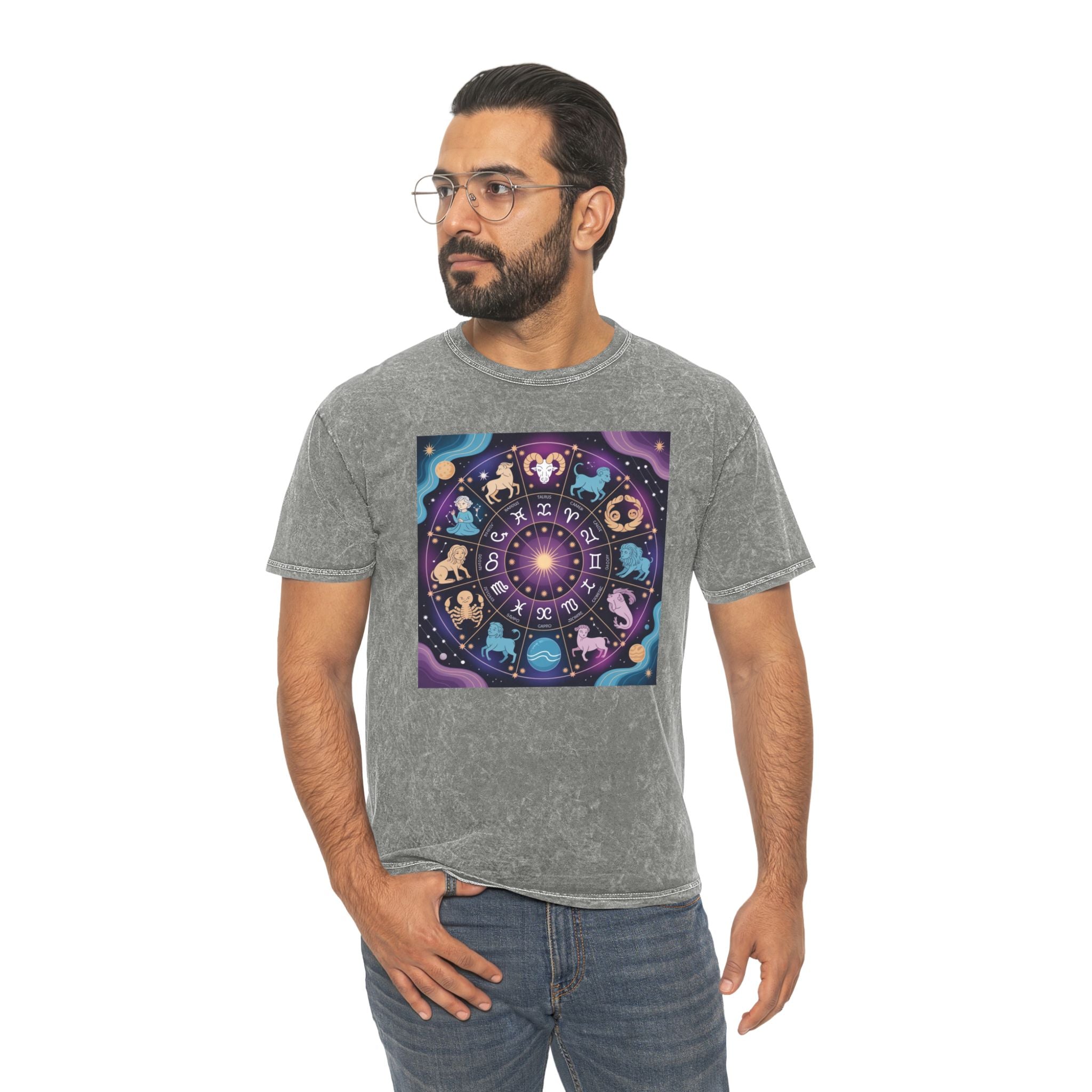 T-shirt délavé en minéraux Roue du Zodiaque – T-shirt coloré Signes astrologiques