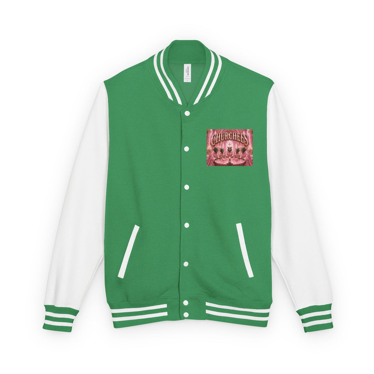 Letterman Jacket — Pink 'Churchees' Vintage Dinner Graphic
