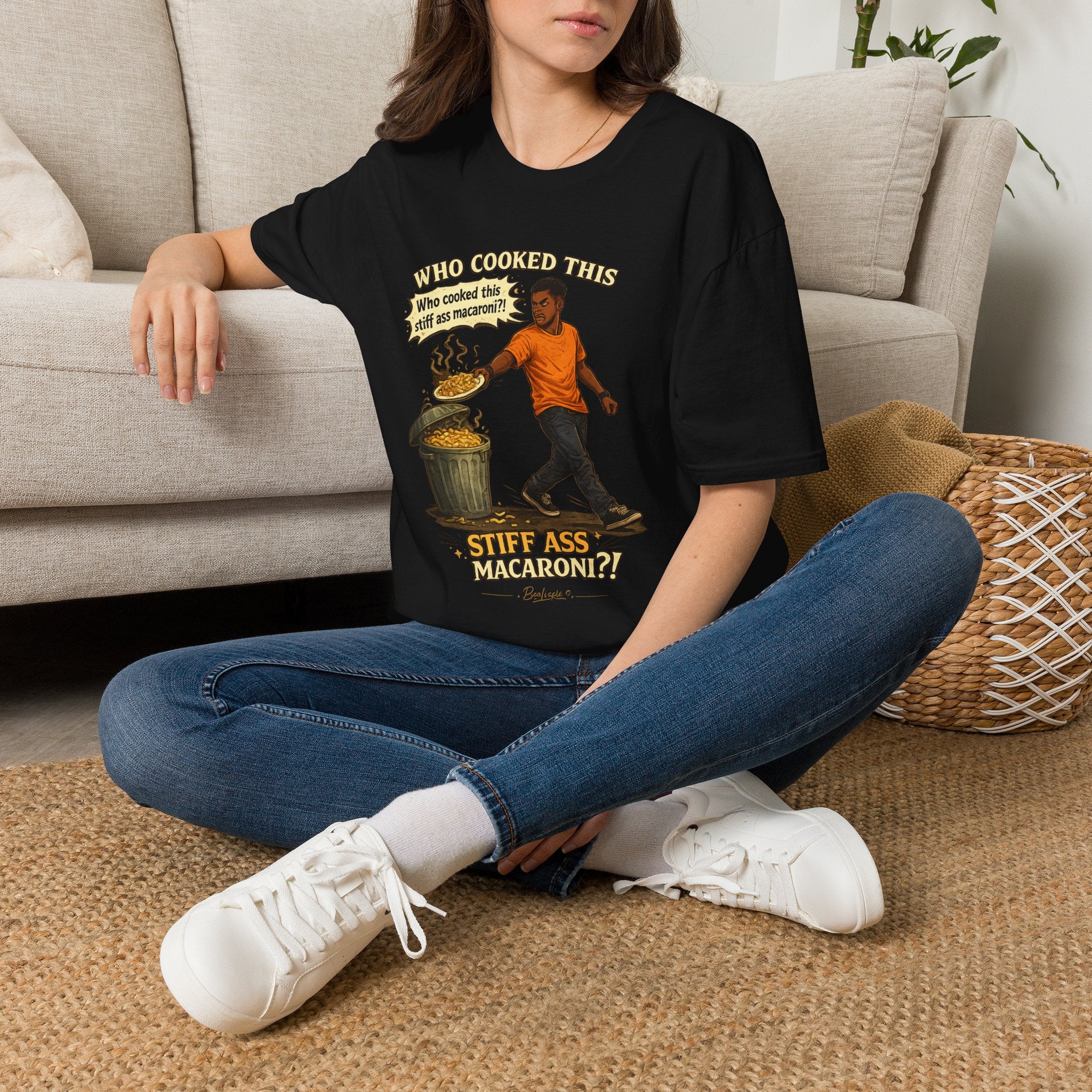 T-Shirt — “Who Cooked This? Who cooked this stiff ass macaroni?” Funny Vintage Meme Tee