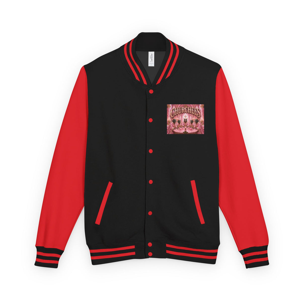 Letterman Jacket — Pink 'Churchees' Vintage Dinner Graphic