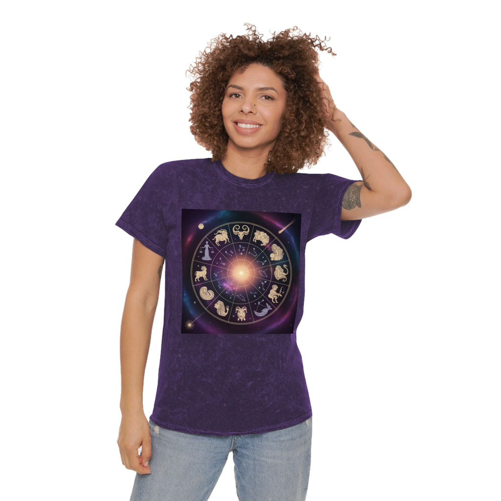 T-shirt délavé en minéral Roue du Zodiaque — T-shirt signes astrologiques cosmiques