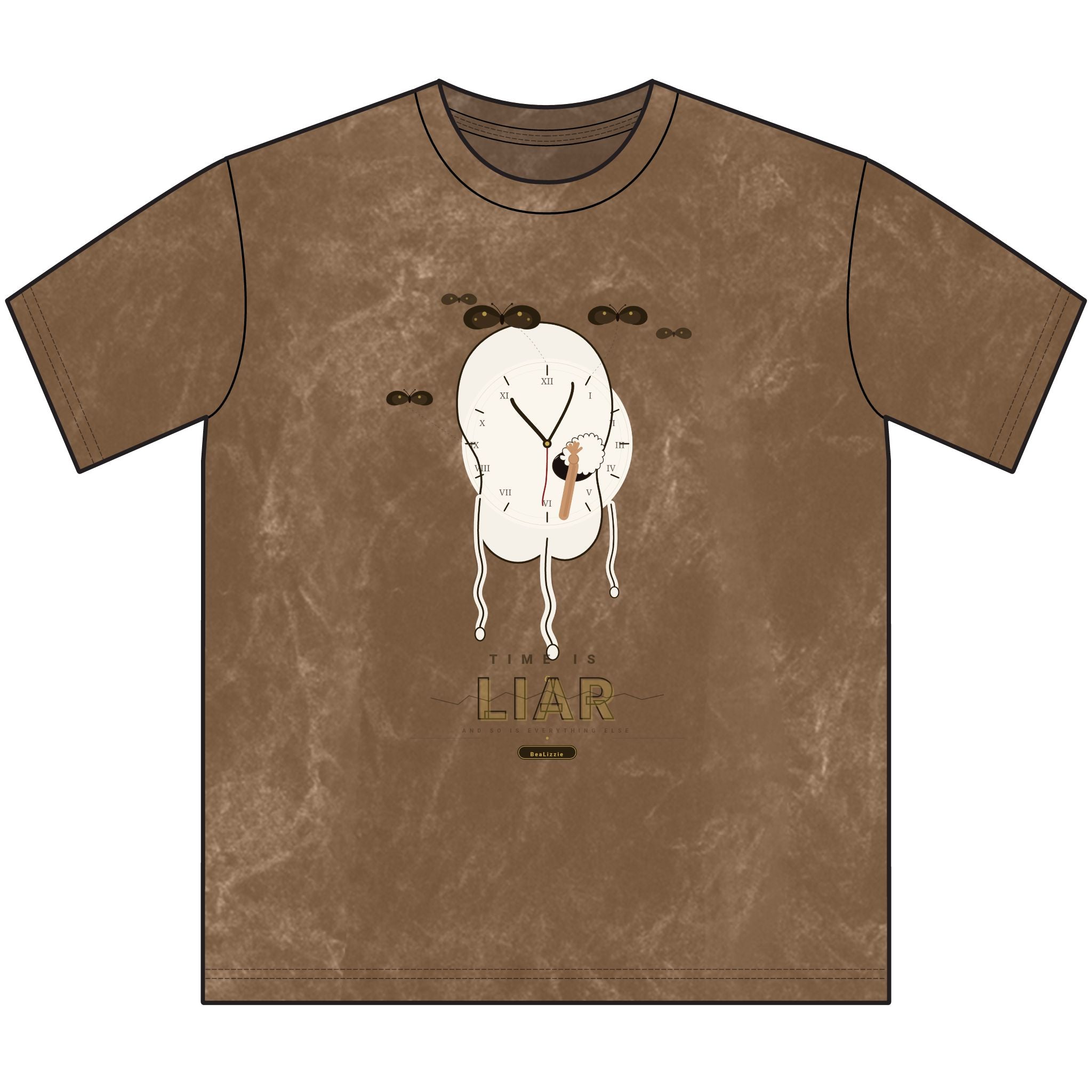 Vintage Brown Tee — Surreal Melting Clock Graphic with “H I A R” Text