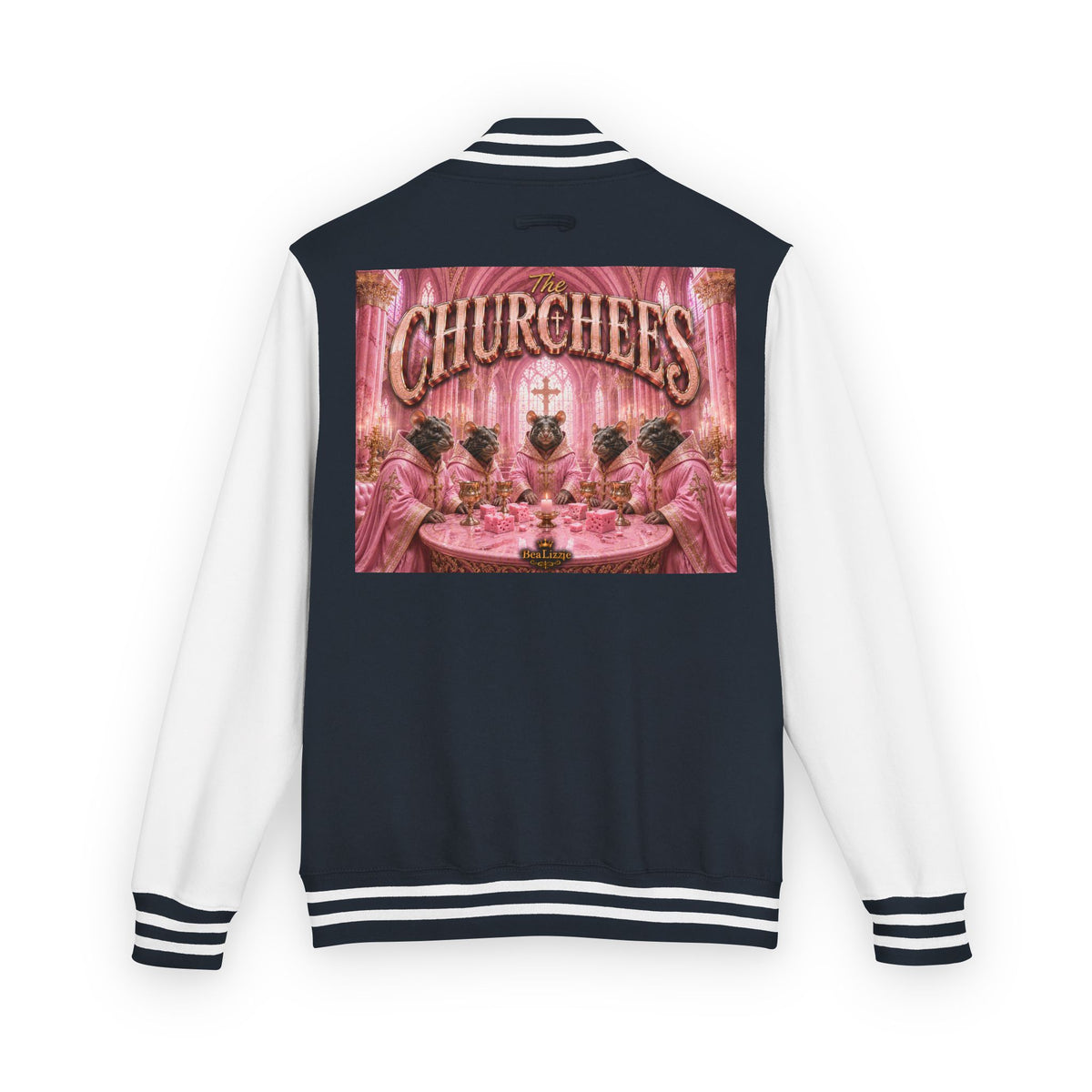 Letterman Jacket — Pink 'Churchees' Vintage Dinner Graphic