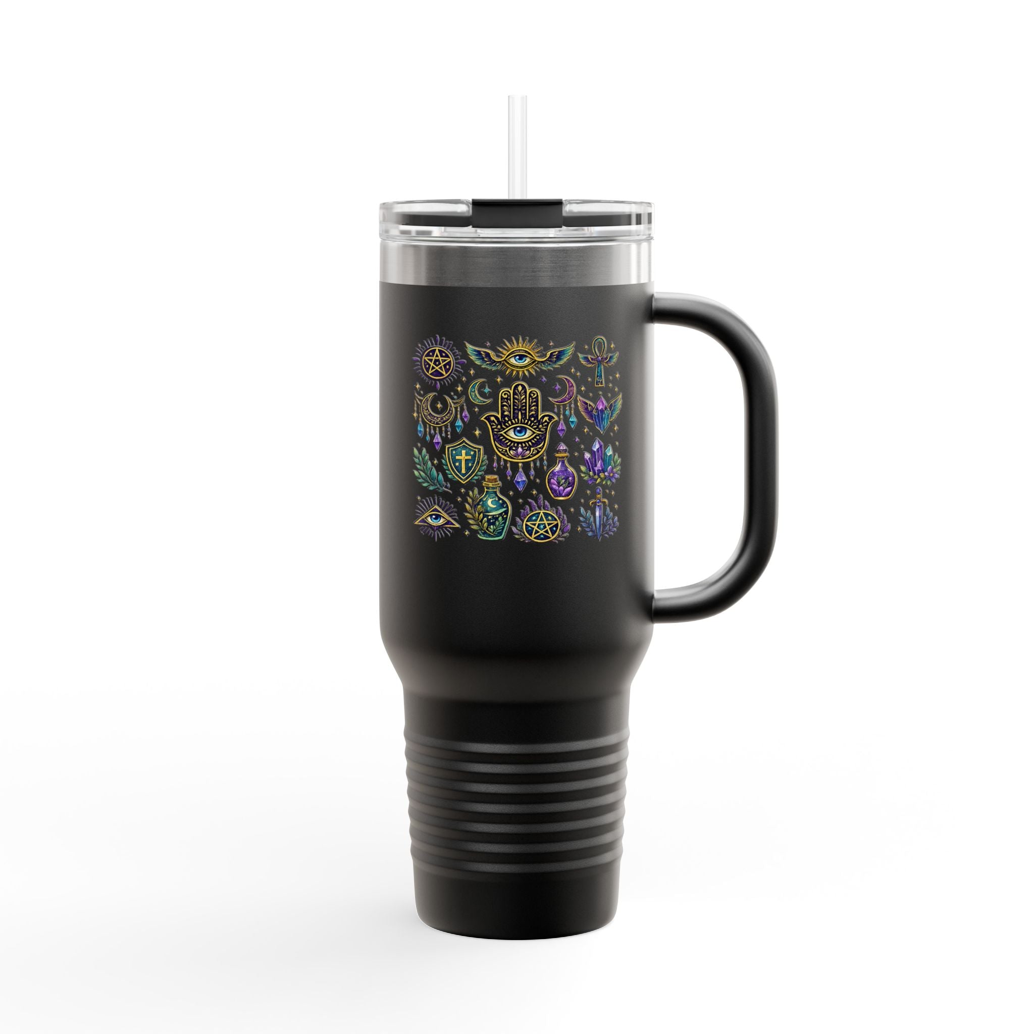 40oz Insulated Travel Mug — Mystical Symbols Floral Hamsa Stainless Steel Tumbler