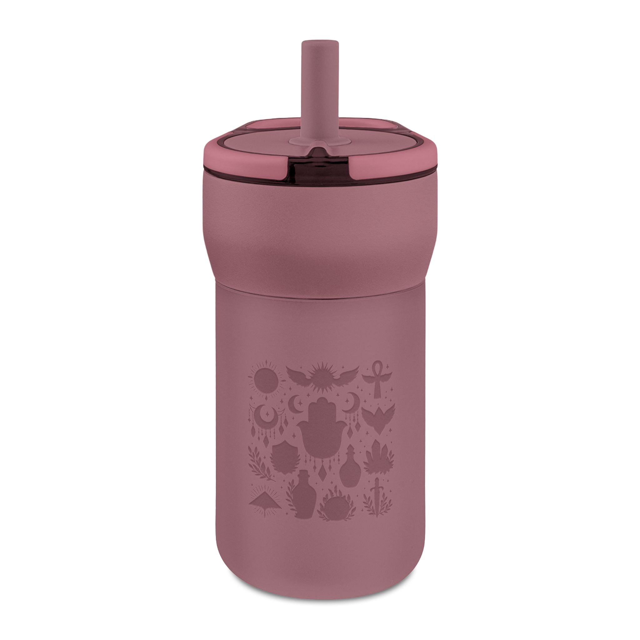 Kids 12oz Leakproof Straw Tumbler — Engraved Nature Icons, Child-Friendly Travel Cup