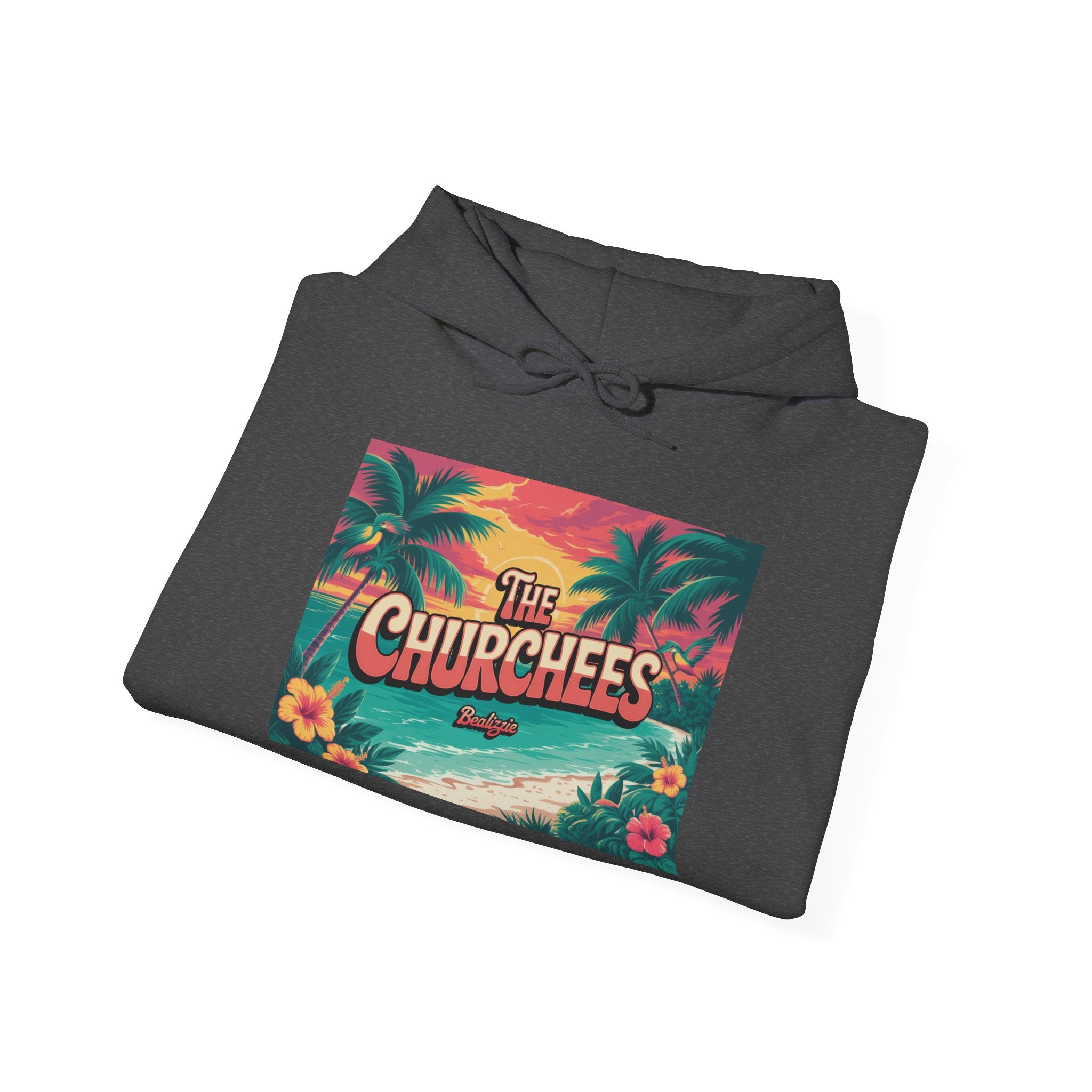 The Churchees Tropical Beach Hoodie – Retro Palm Sunset Graphic Sweatshirt