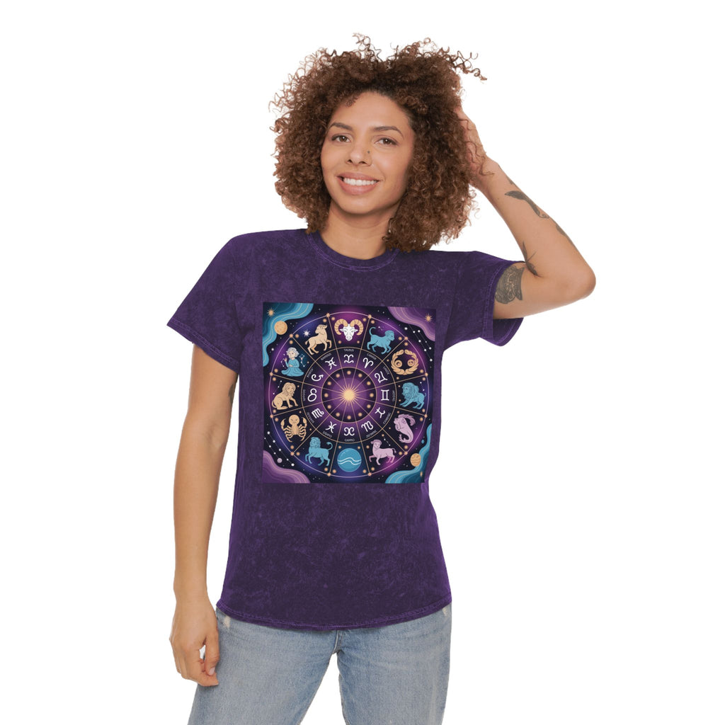 T-shirt délavé en minéraux Roue du Zodiaque – T-shirt coloré Signes astrologiques