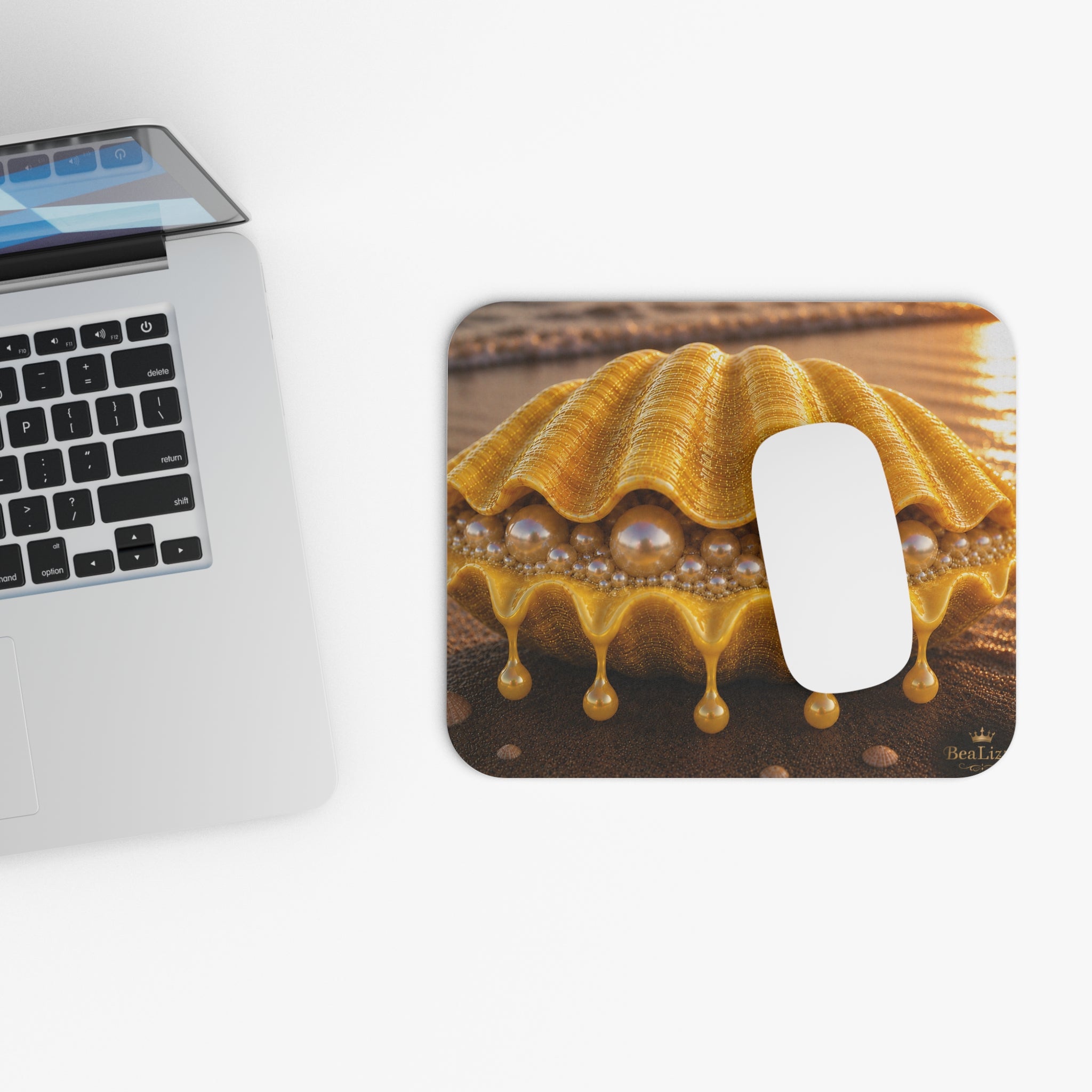 Golden Pearl Seashell Mouse Pad — Luxurious Coastal Desk Mat
