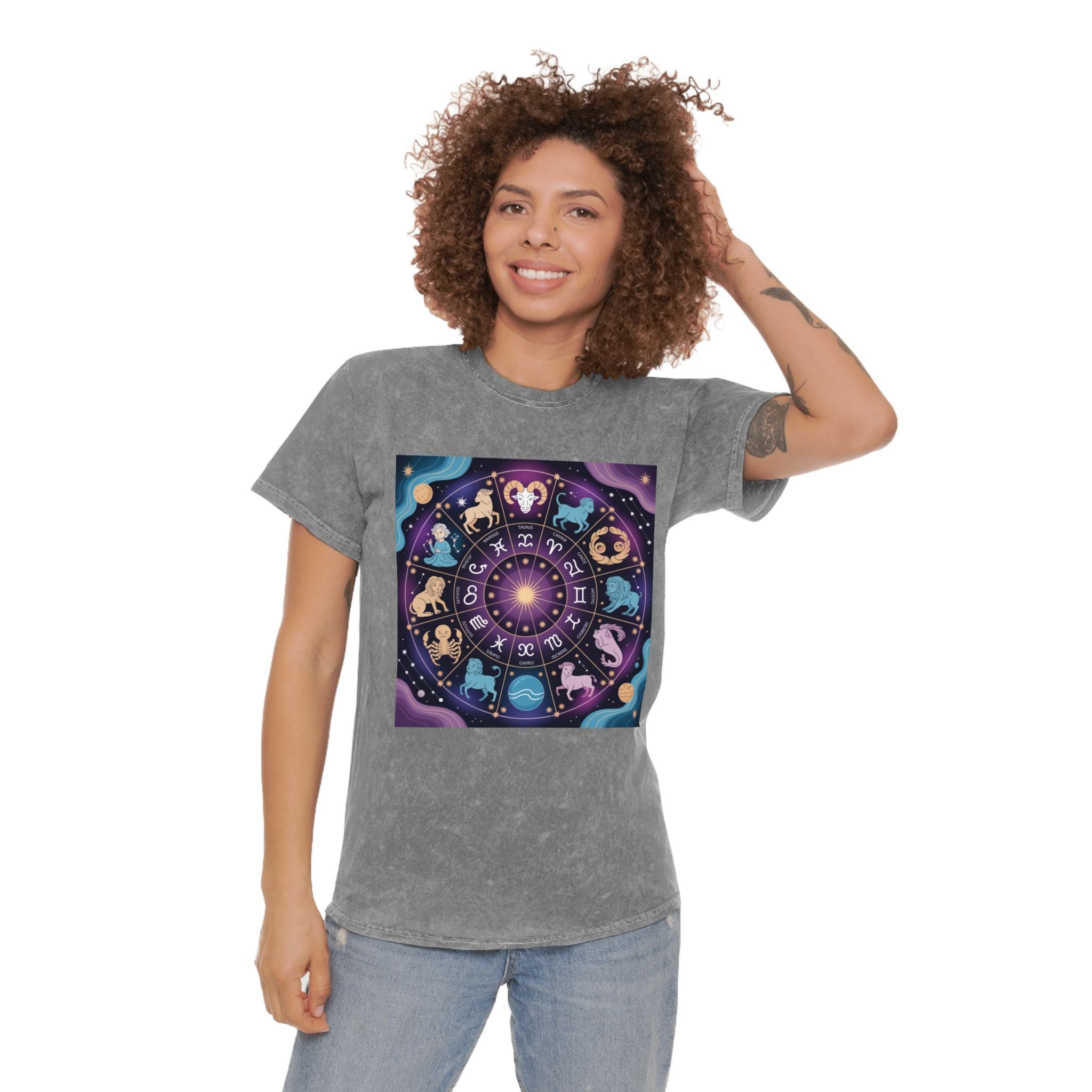 T-shirt délavé en minéraux Roue du Zodiaque – T-shirt coloré Signes astrologiques