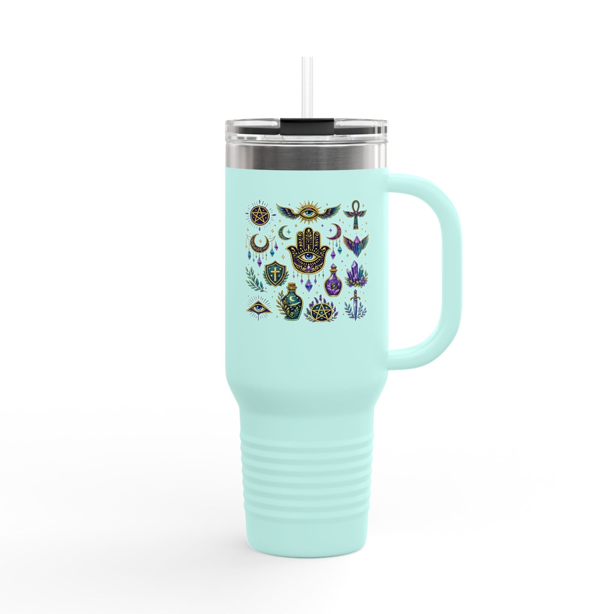 40oz Insulated Travel Mug — Mystical Symbols Floral Hamsa Stainless Steel Tumbler