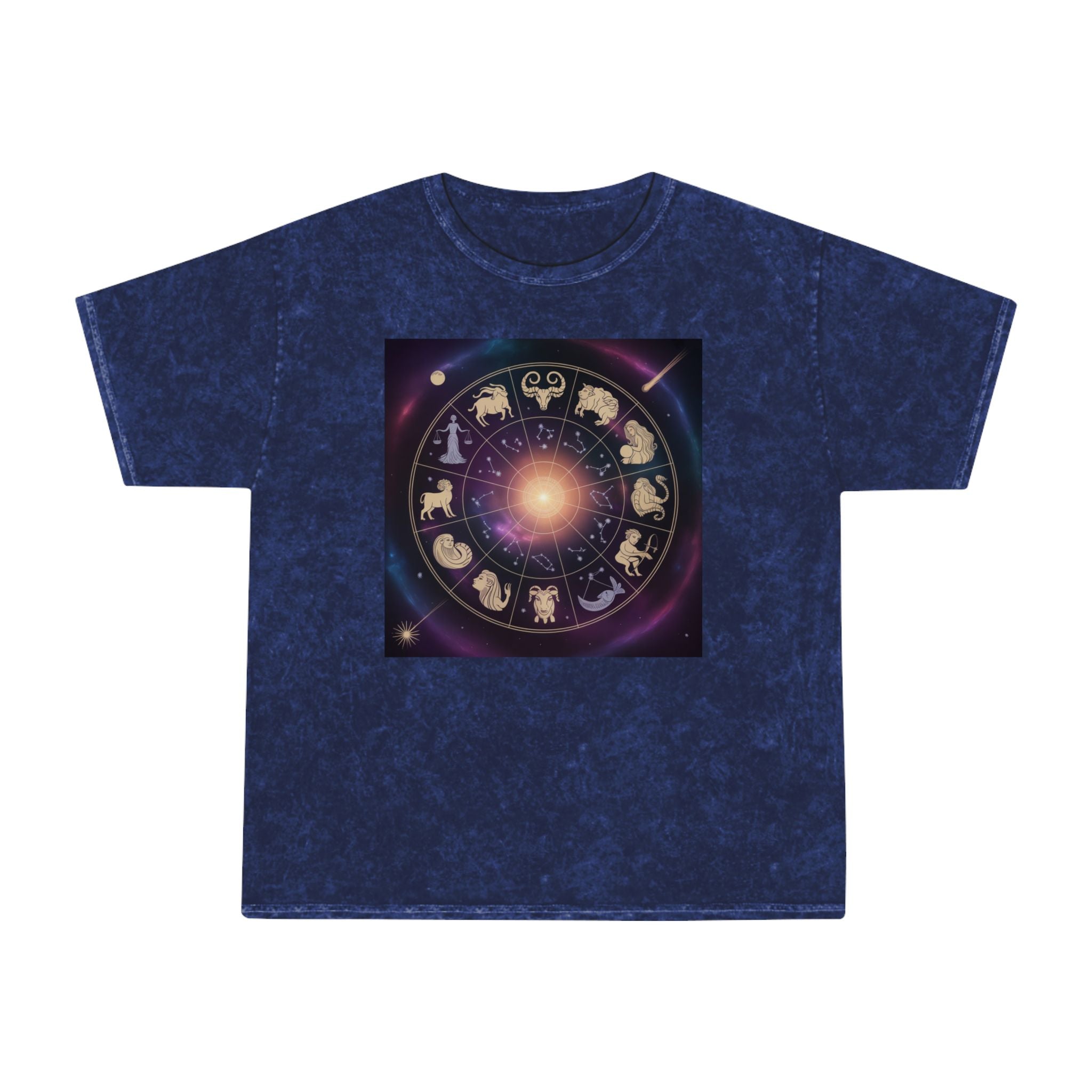 T-shirt délavé en minéral Roue du Zodiaque — T-shirt signes astrologiques cosmiques