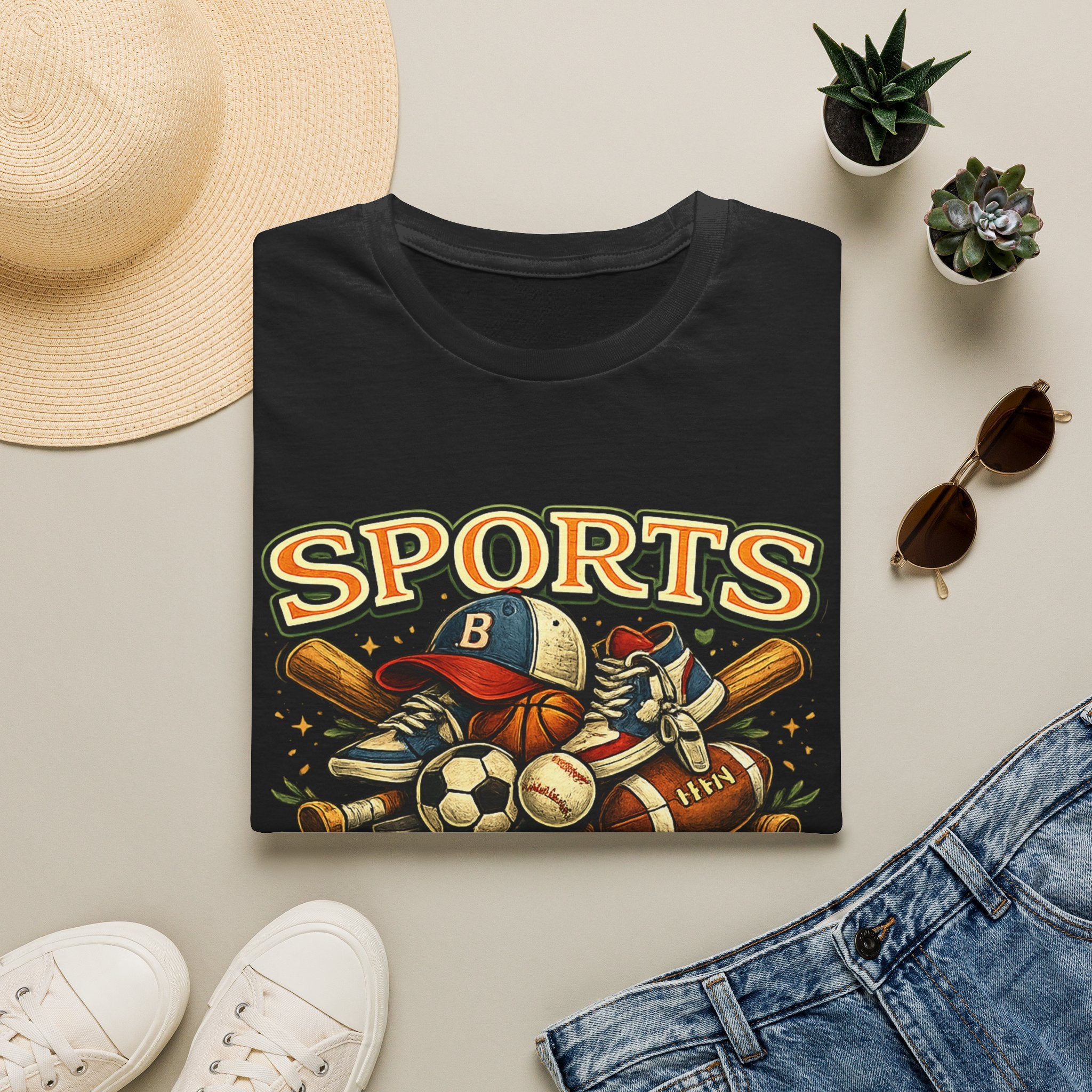 Sports Equipment Graphic T-Shirt — "Sports" Vintage Athletic Design