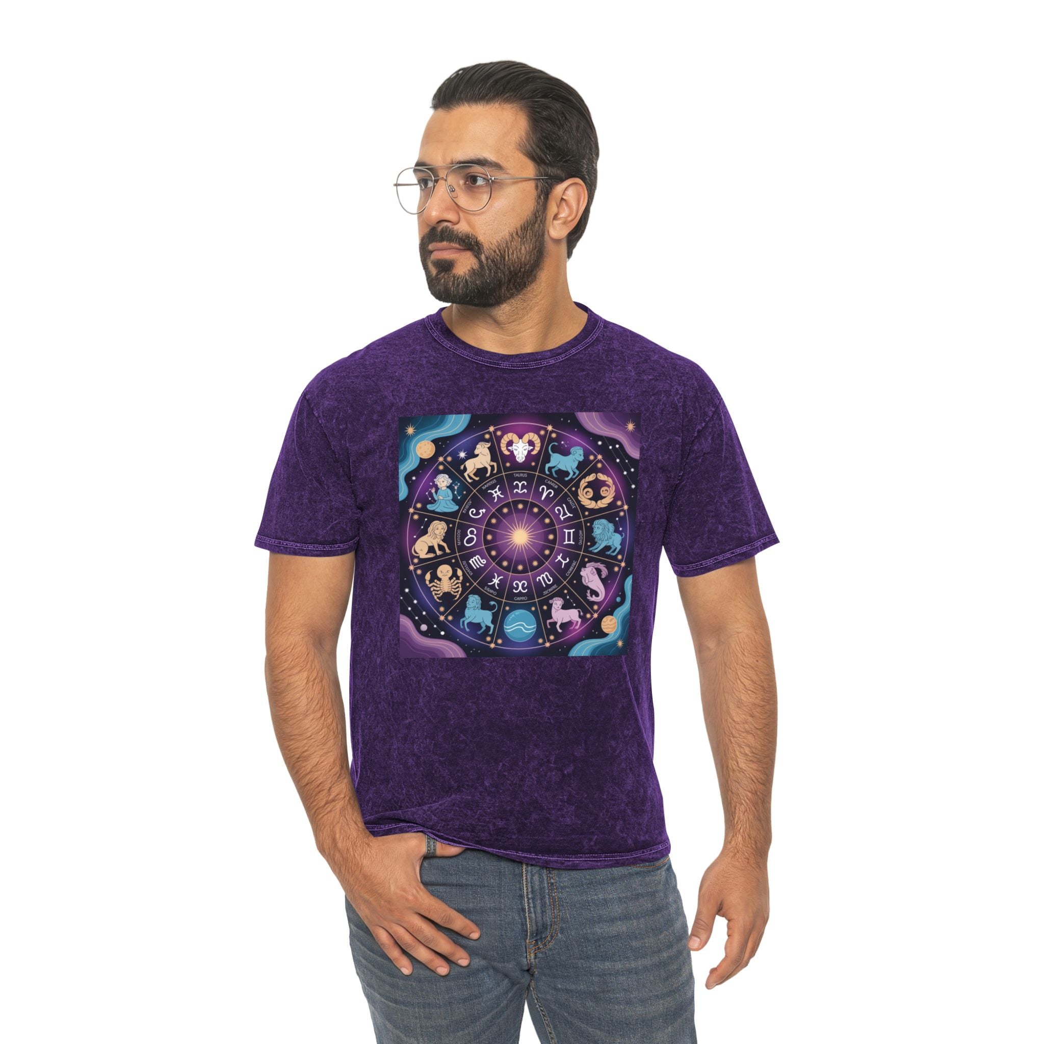 T-shirt délavé en minéraux Roue du Zodiaque – T-shirt coloré Signes astrologiques