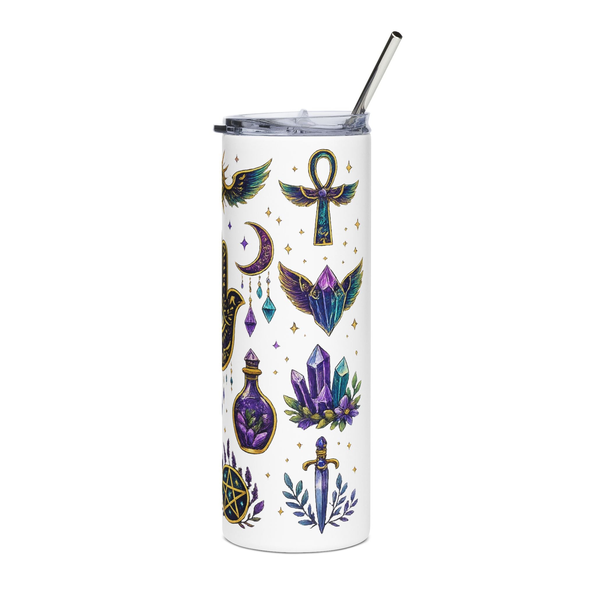 Mystic Symbols 20oz Stainless Tumbler — Hamsa, All-Seeing Eye & Moon Magic