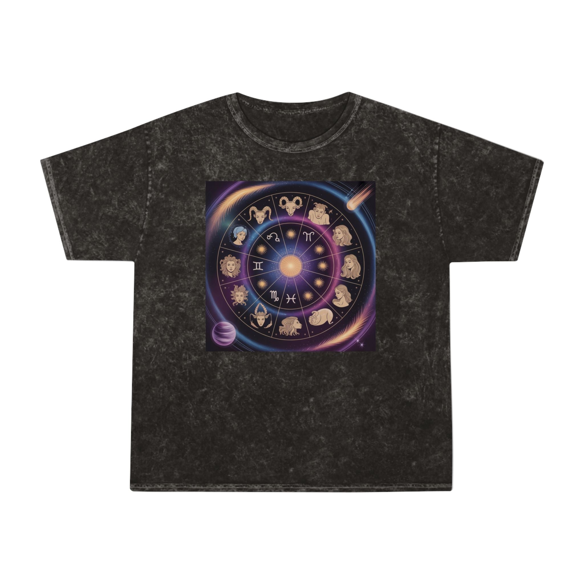 T-shirt graphique Roue du zodiaque — T-shirt délavé aux couleurs minérales Signes astrologiques
