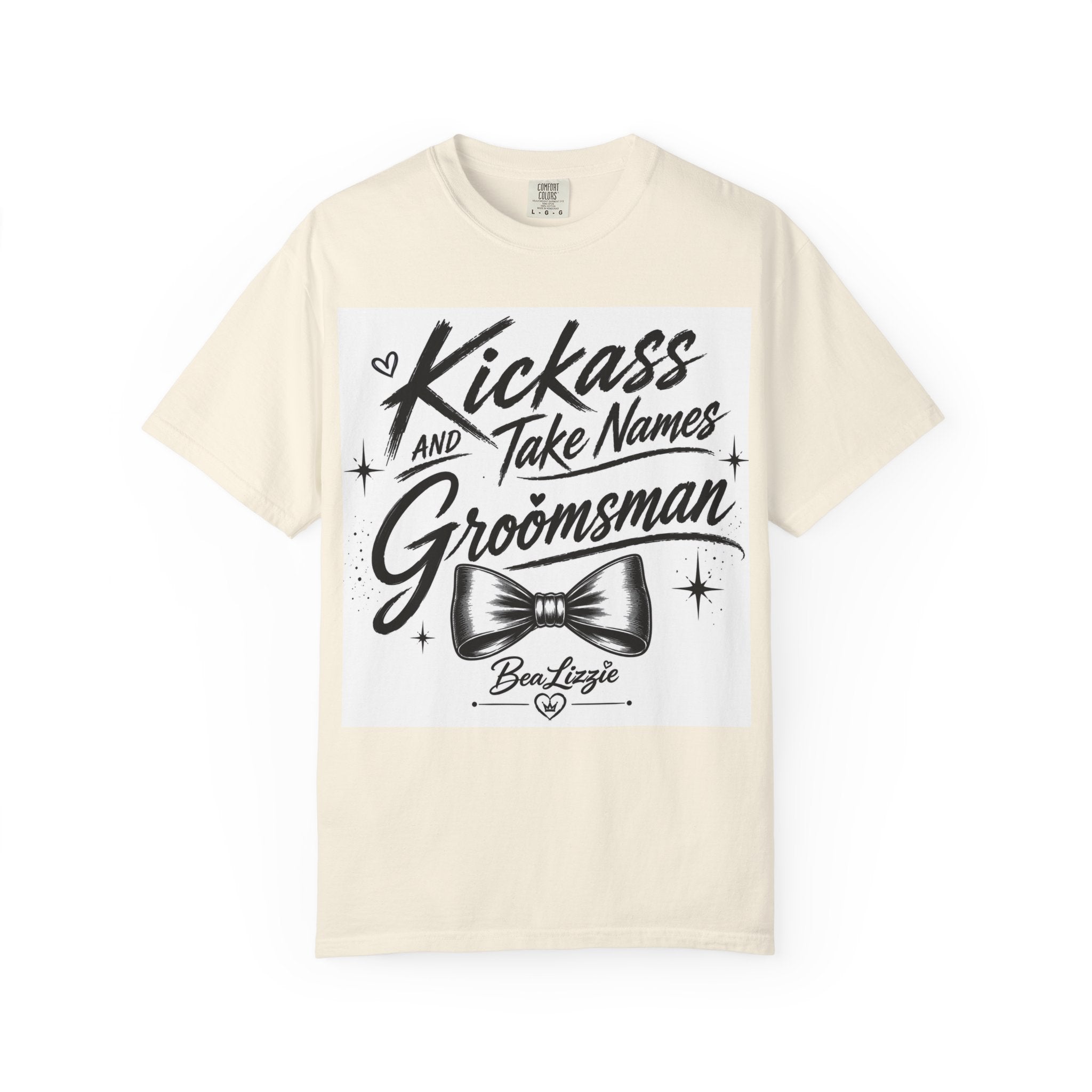 Kickass and Take Names Groomsman T-Shirt — Funny Bachelor Party Tee with Bow Tie Design
