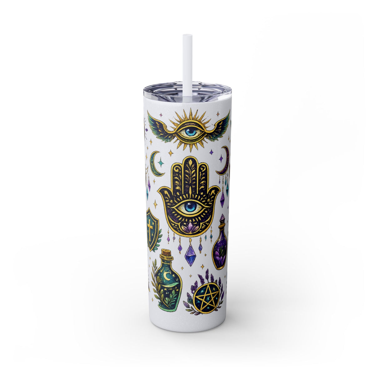 Mystic Symbols 20oz Skinny Tumbler with Straw — Hamsa, All-Seeing Eye & Moon