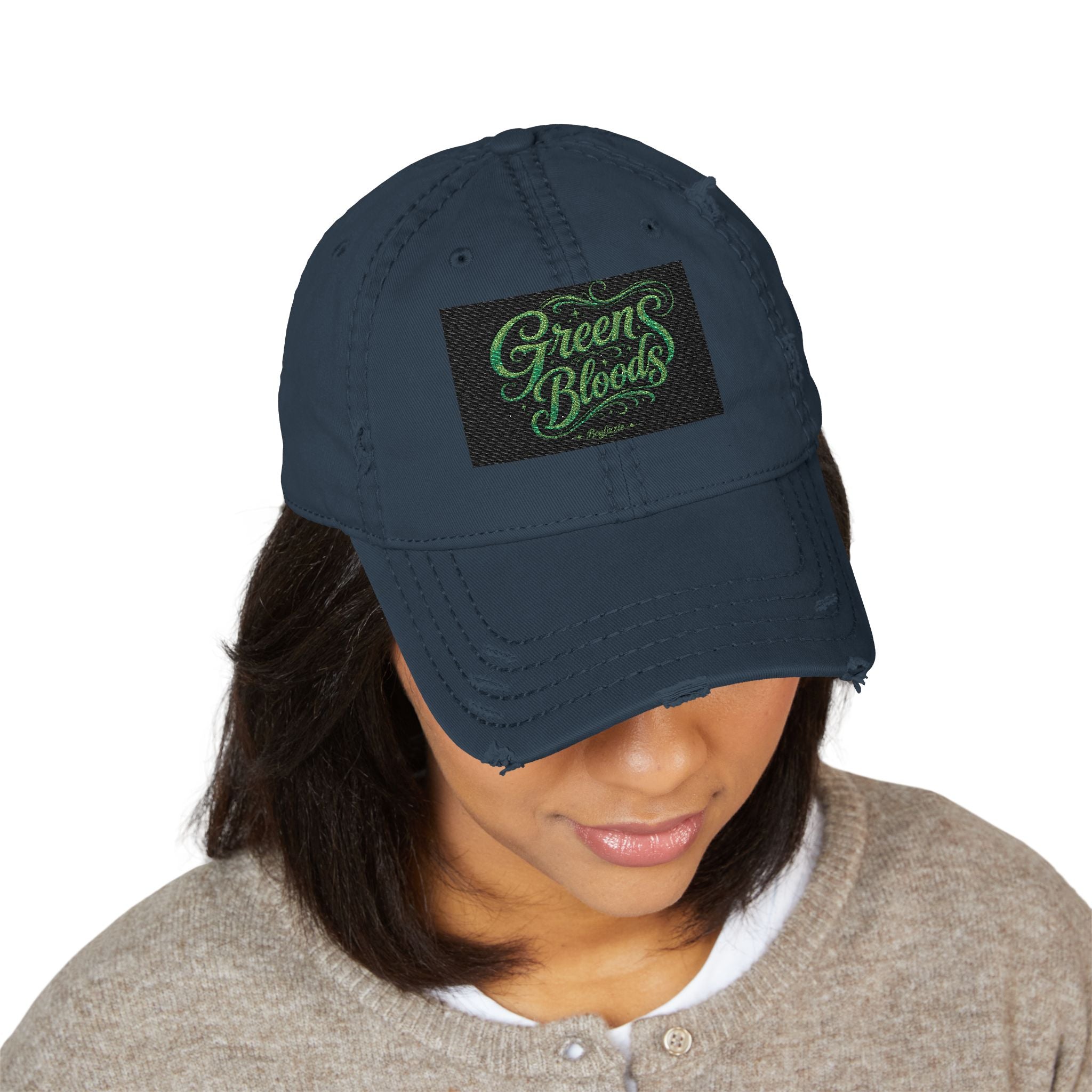Distressed Embroidered 'Green Bloods' Dad Hat