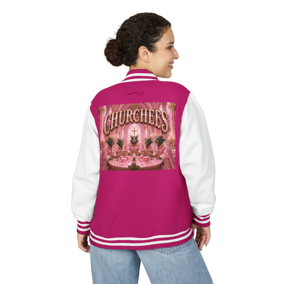 Letterman Jacket — Pink 'Churchees' Vintage Dinner Graphic