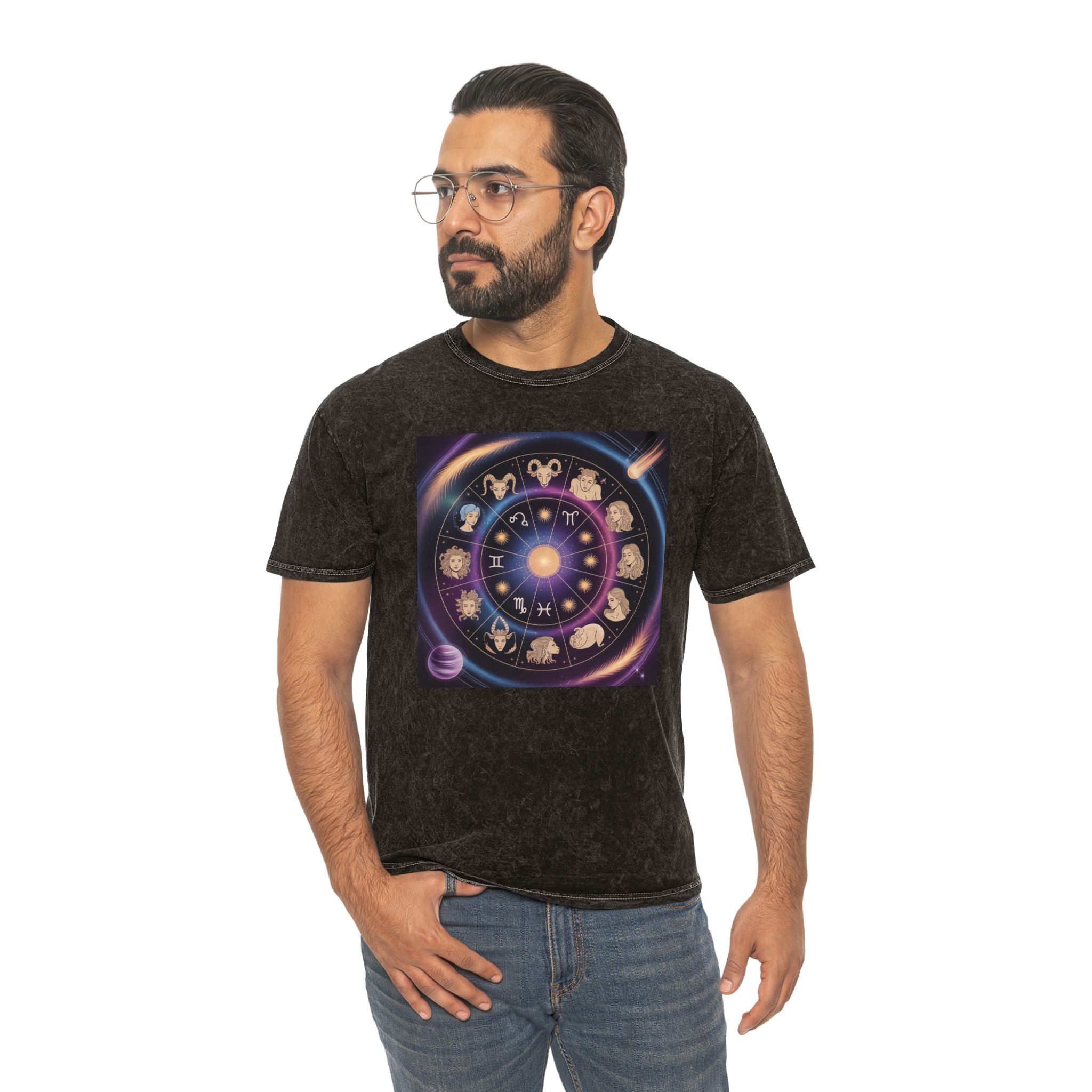 T-shirt graphique Roue du zodiaque — T-shirt délavé aux couleurs minérales Signes astrologiques