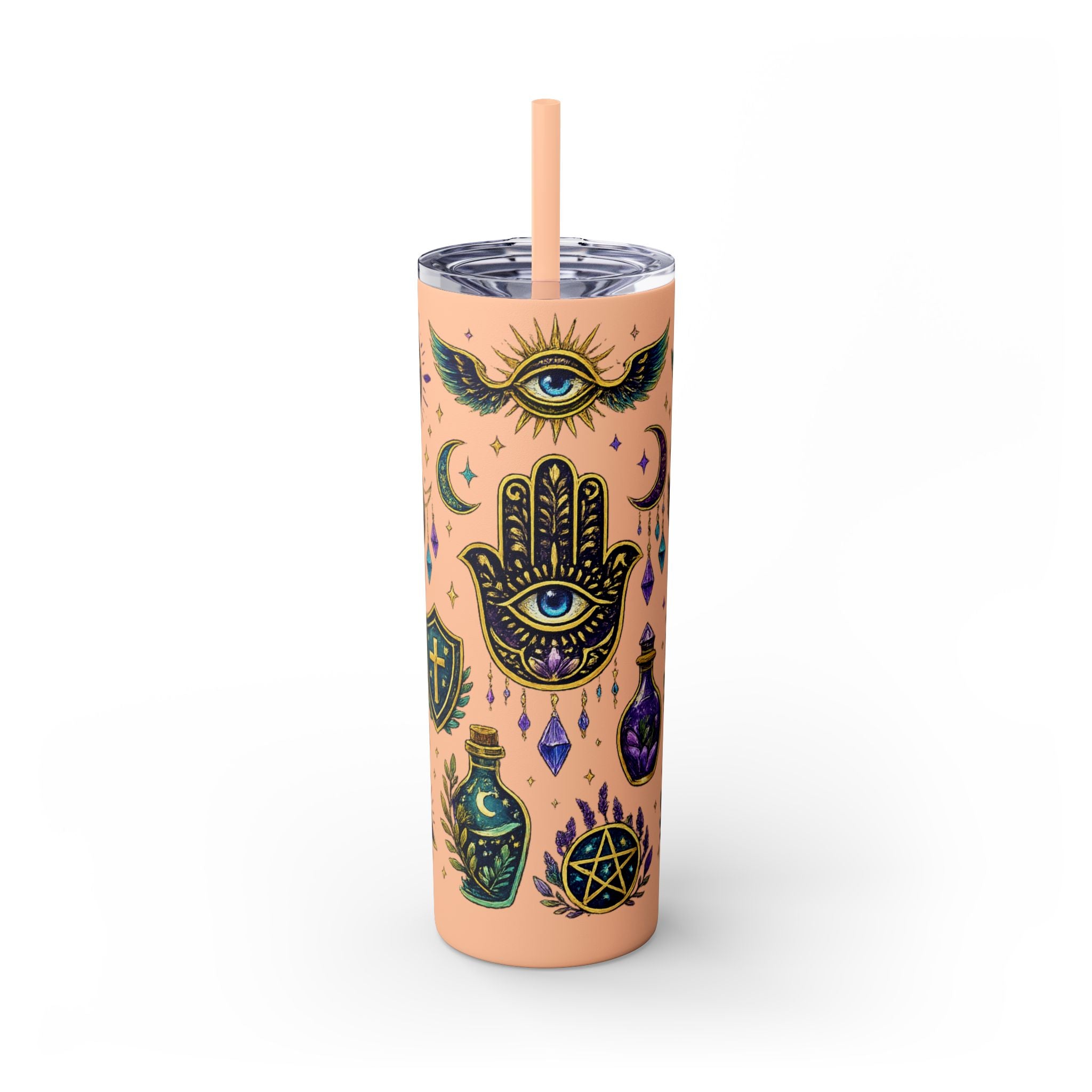 Mystic Symbols 20oz Skinny Tumbler with Straw — Hamsa, All-Seeing Eye & Moon
