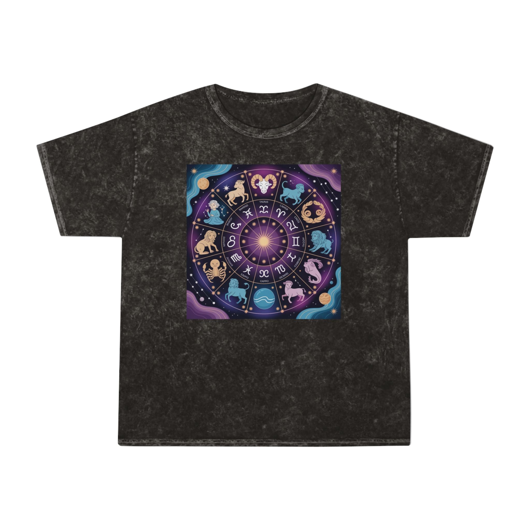 T-shirt délavé en minéraux Roue du Zodiaque – T-shirt coloré Signes astrologiques