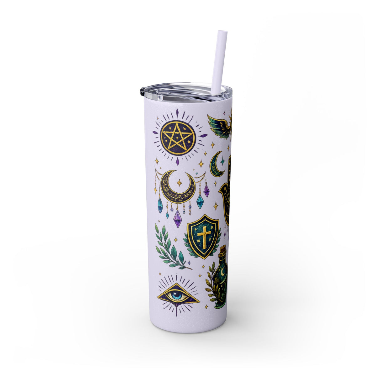 Mystic Symbols 20oz Skinny Tumbler with Straw — Hamsa, All-Seeing Eye & Moon