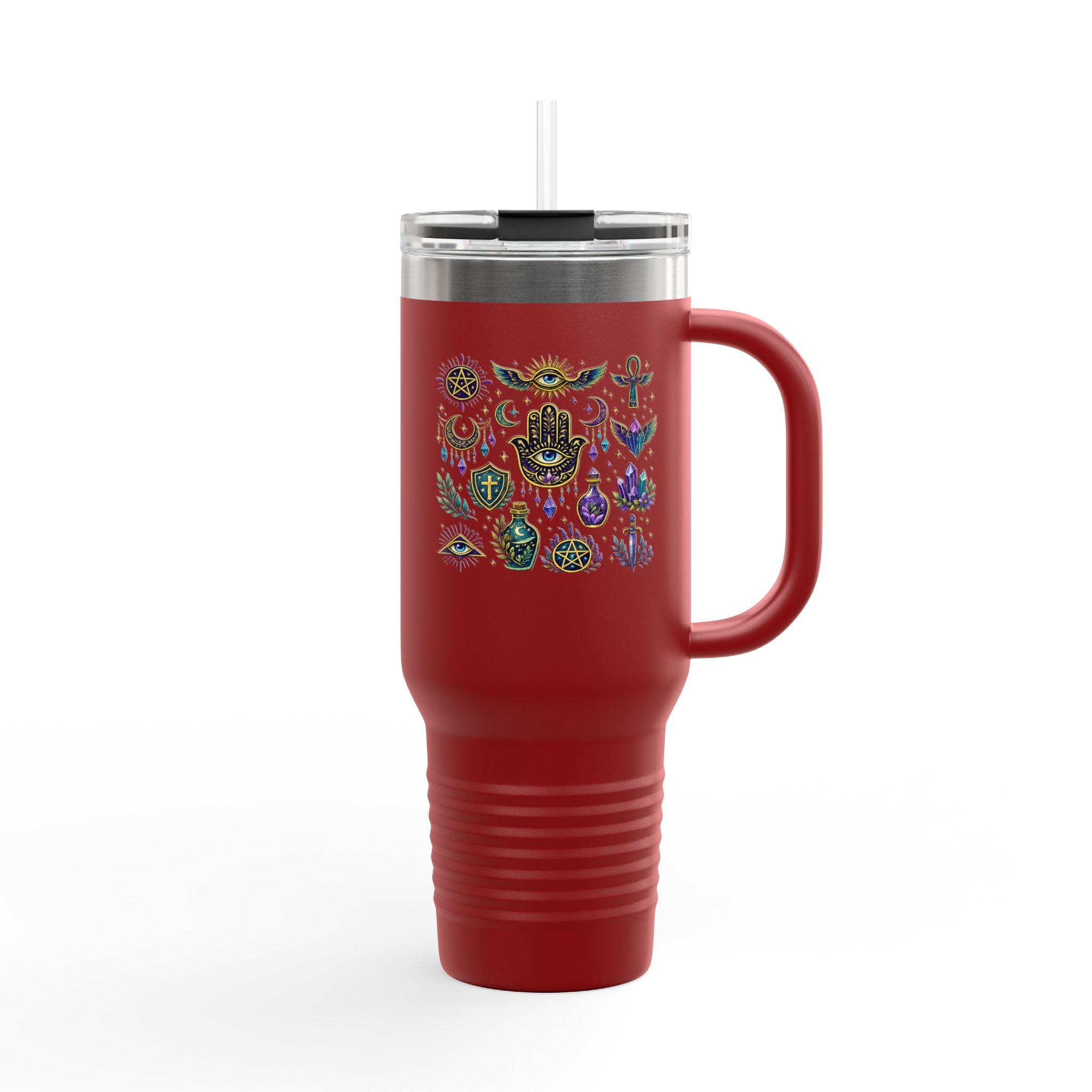 40oz Insulated Travel Mug — Mystical Symbols Floral Hamsa Stainless Steel Tumbler