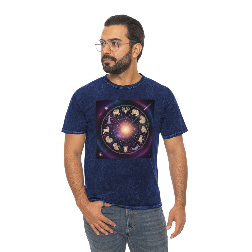 T-shirt délavé en minéral Roue du Zodiaque — T-shirt signes astrologiques cosmiques