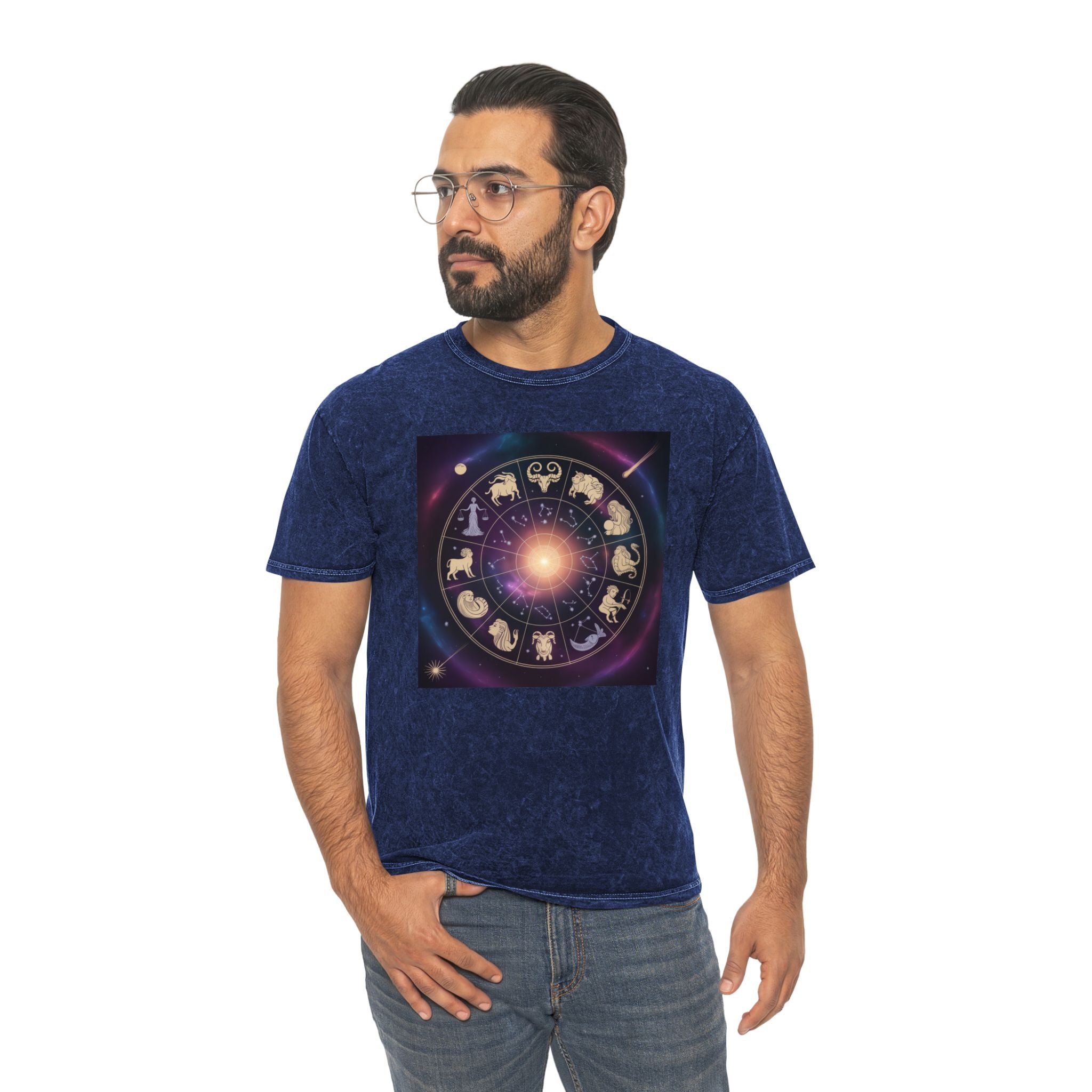 T-shirt délavé en minéral Roue du Zodiaque — T-shirt signes astrologiques cosmiques