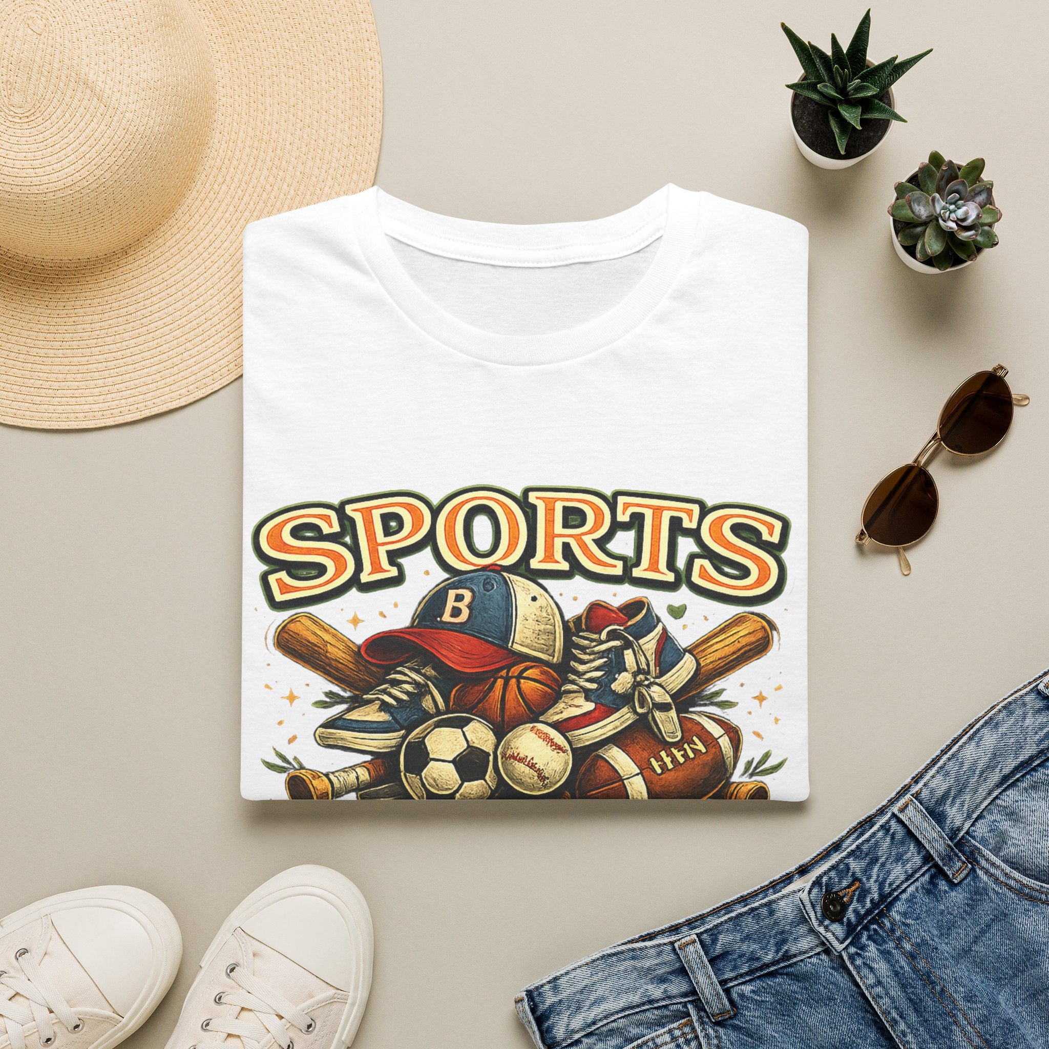 Sports Equipment Graphic T-Shirt — "Sports" Vintage Athletic Design
