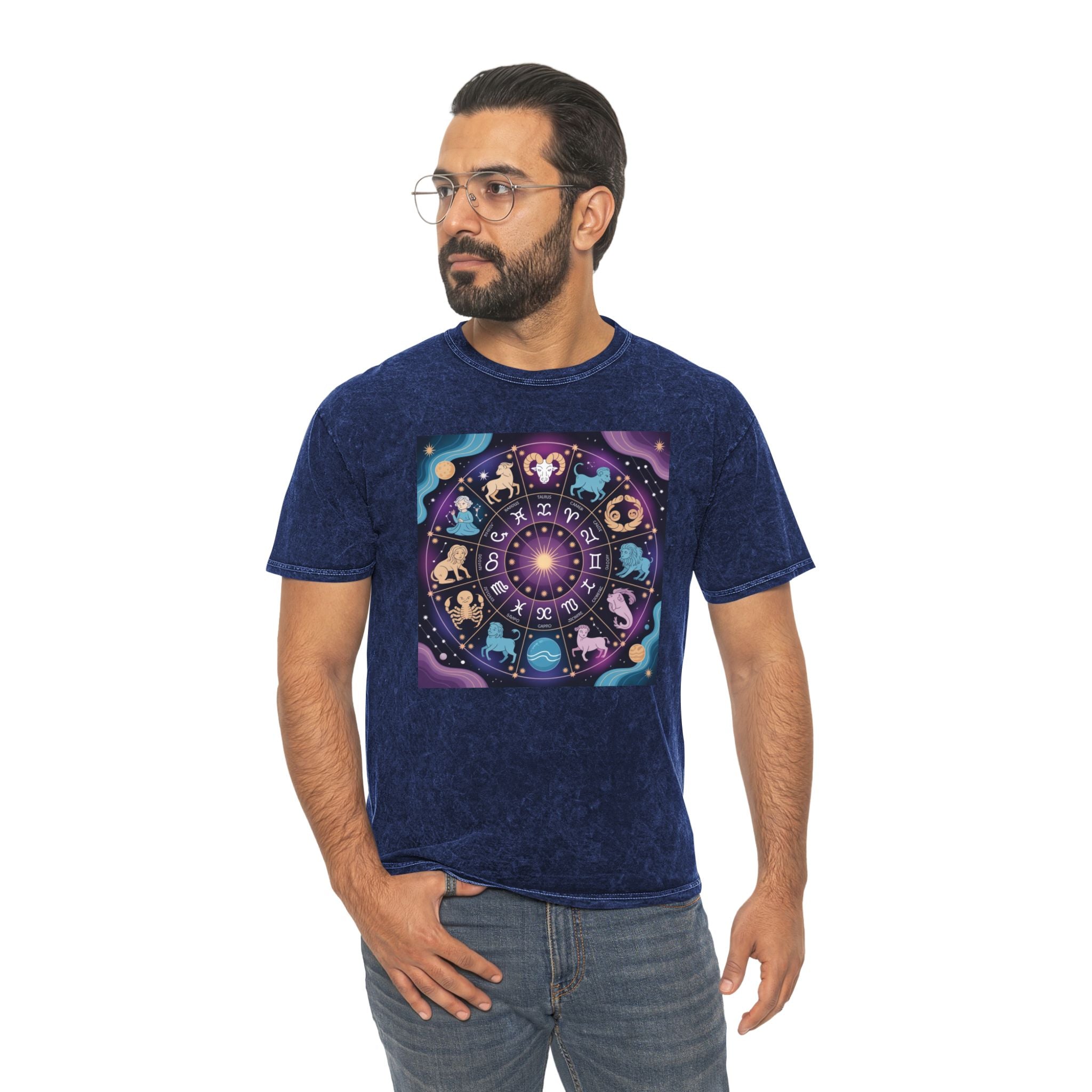 T-shirt délavé en minéraux Roue du Zodiaque – T-shirt coloré Signes astrologiques