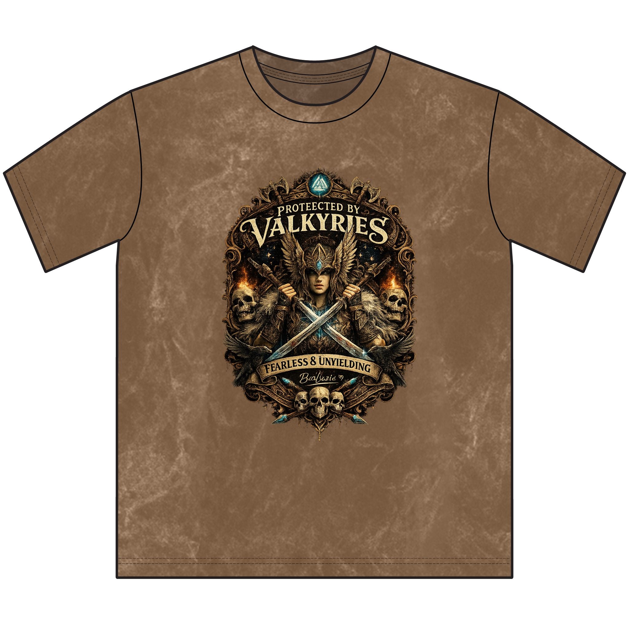 Protected by Valkyries Vintage Crewneck Tee — Fearless & Unyielding Viking Graphic Shirt