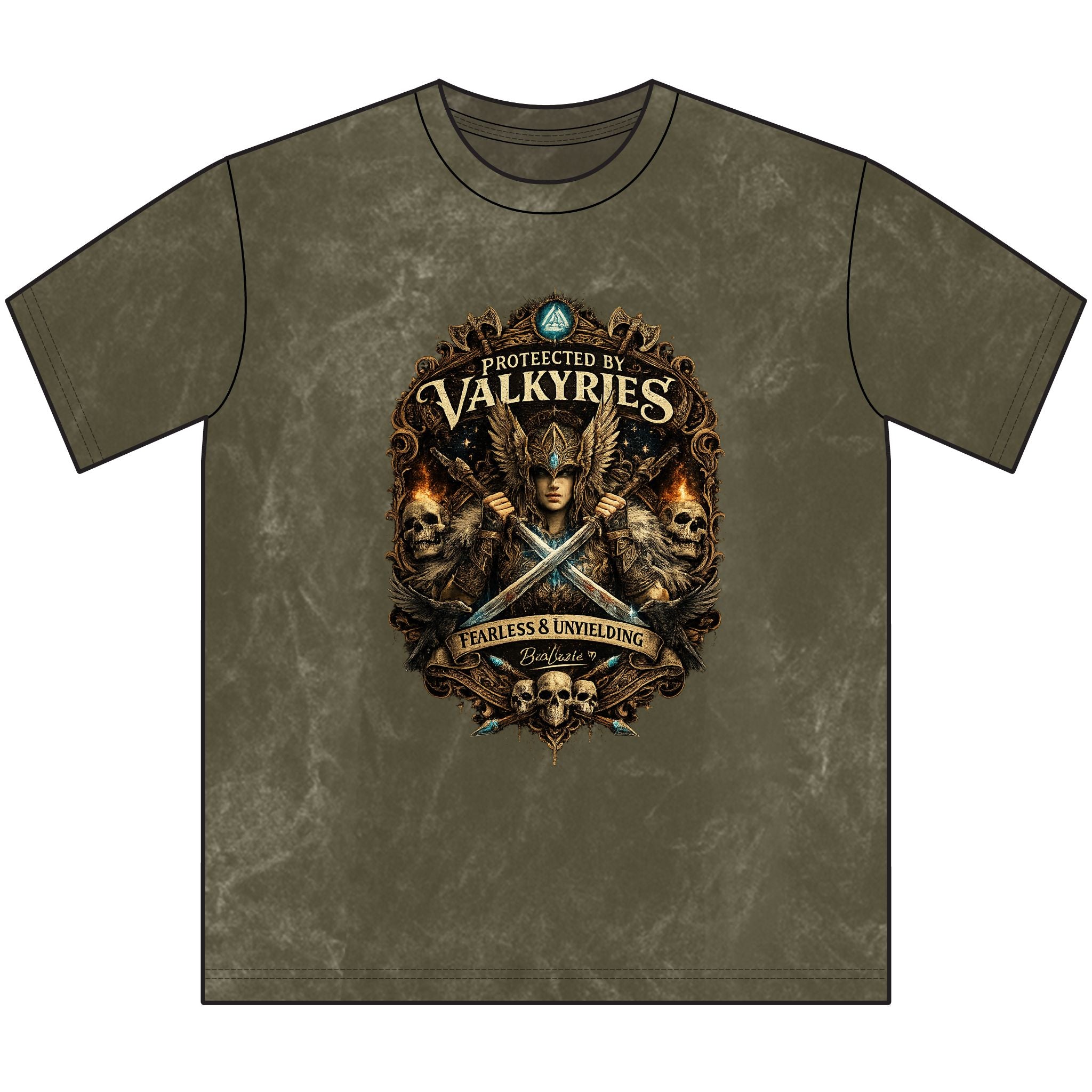 Protected by Valkyries Vintage Crewneck Tee — Fearless & Unyielding Viking Graphic Shirt