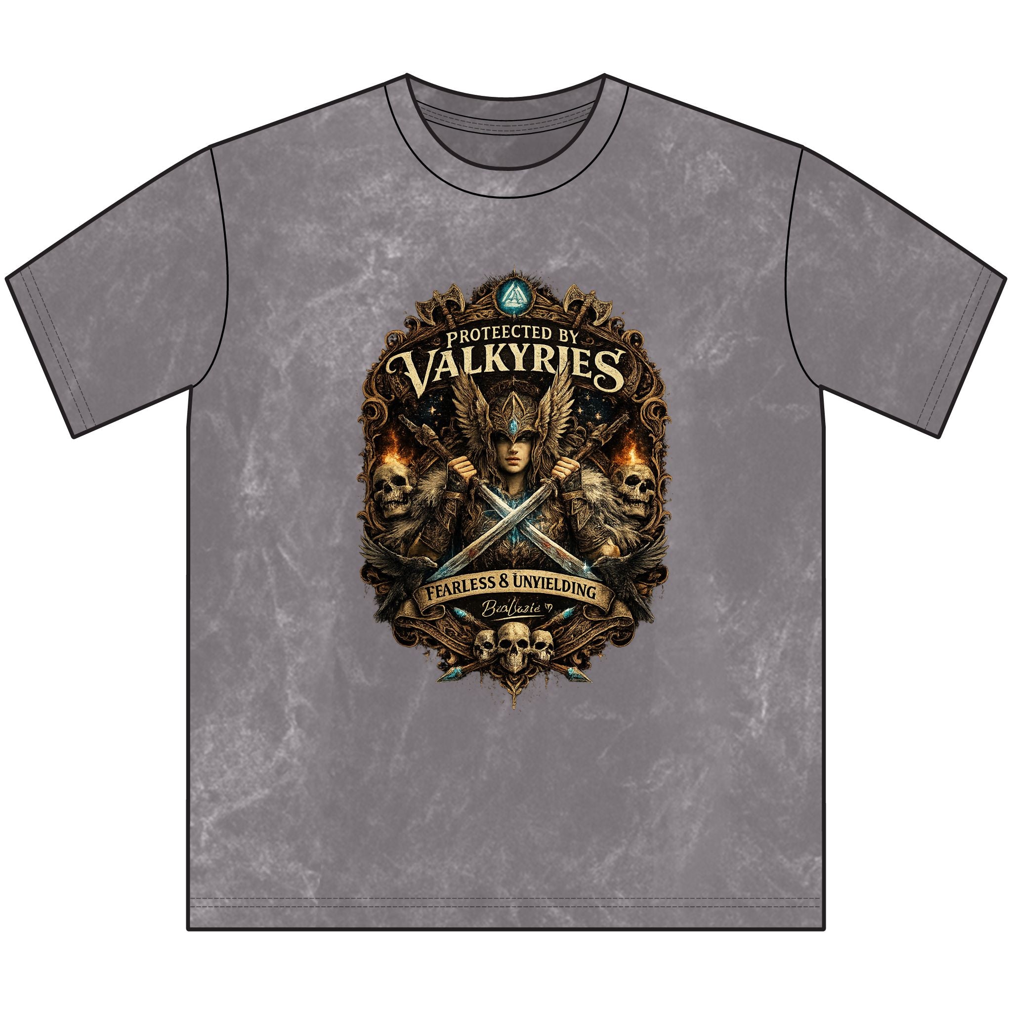 Protected by Valkyries Vintage Crewneck Tee — Fearless & Unyielding Viking Graphic Shirt