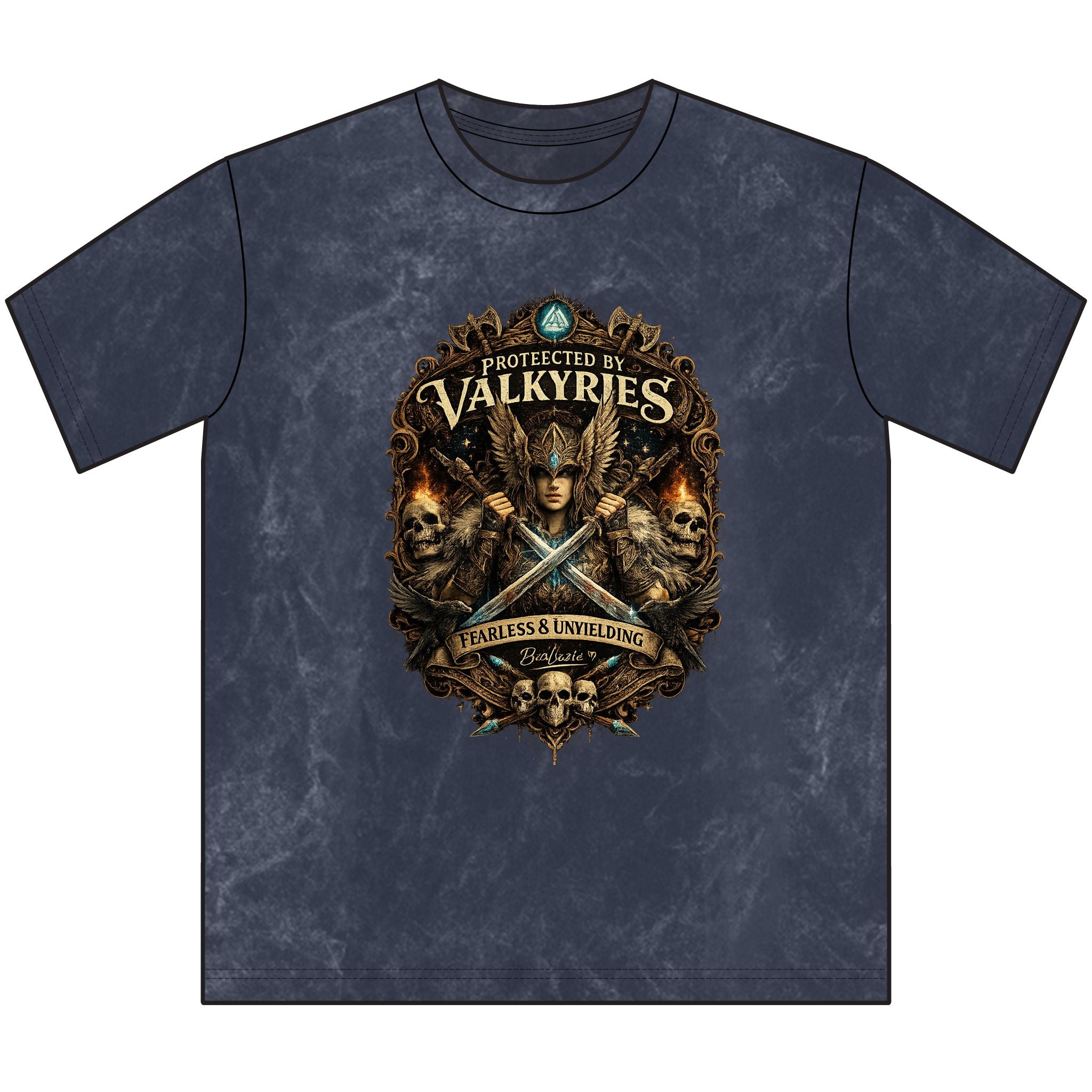 Protected by Valkyries Vintage Crewneck Tee — Fearless & Unyielding Viking Graphic Shirt