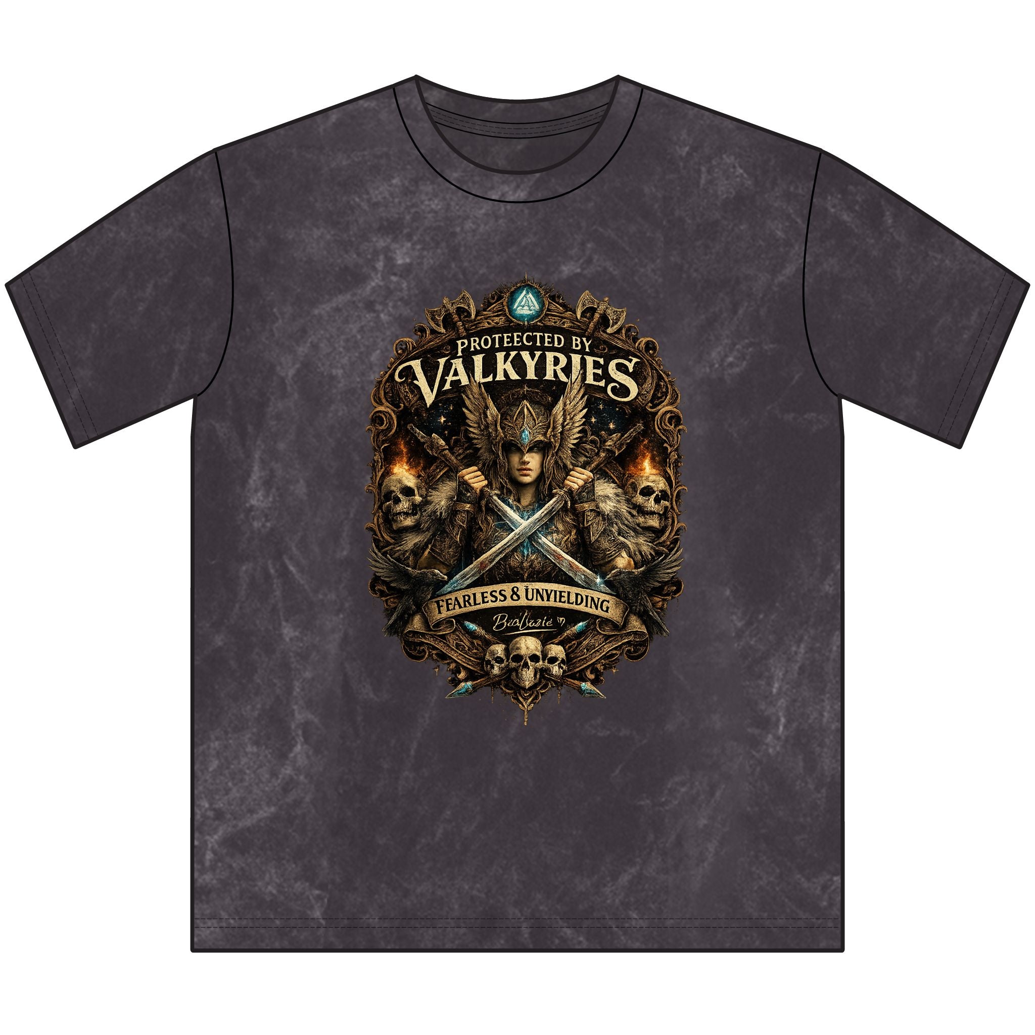Protected by Valkyries Vintage Crewneck Tee — Fearless & Unyielding Viking Graphic Shirt