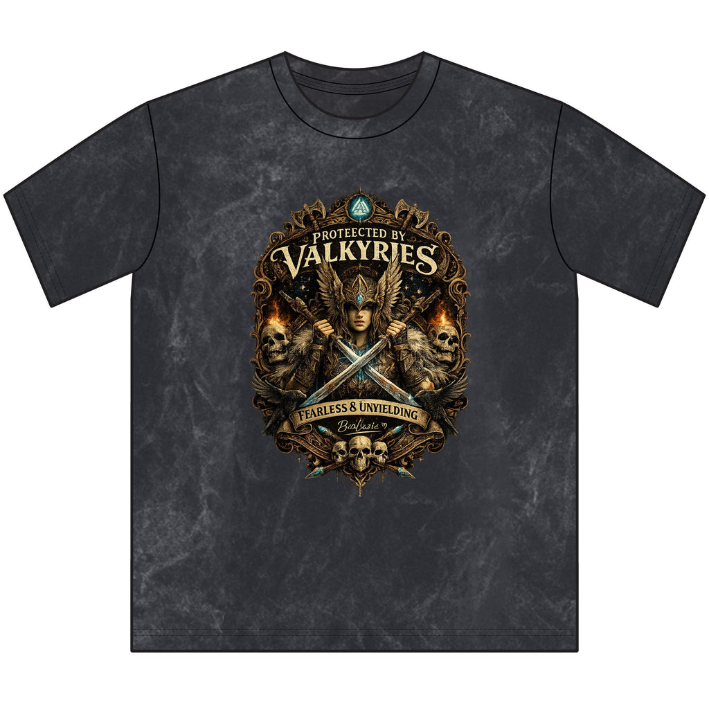 Protected by Valkyries Vintage Crewneck Tee — Fearless & Unyielding Viking Graphic Shirt
