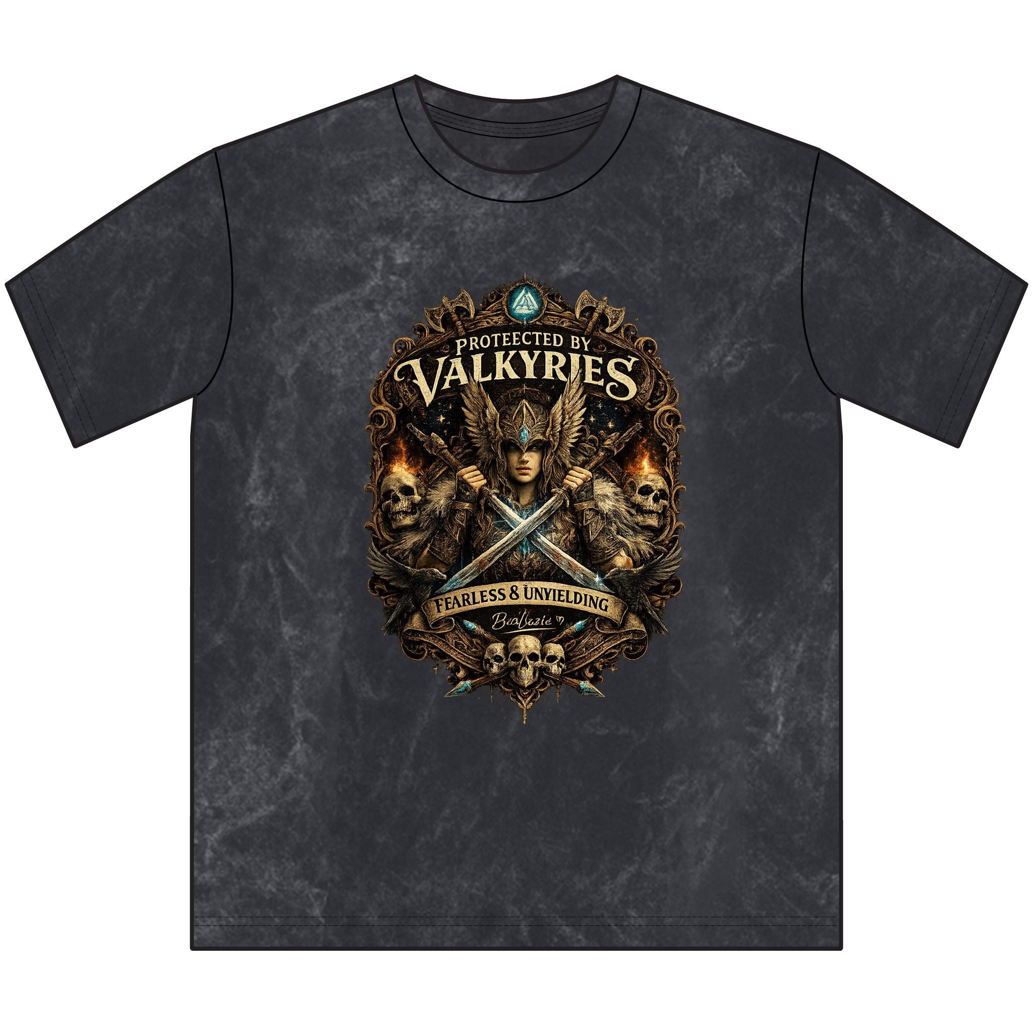 Protected by Valkyries Vintage Crewneck Tee — Fearless & Unyielding Viking Graphic Shirt