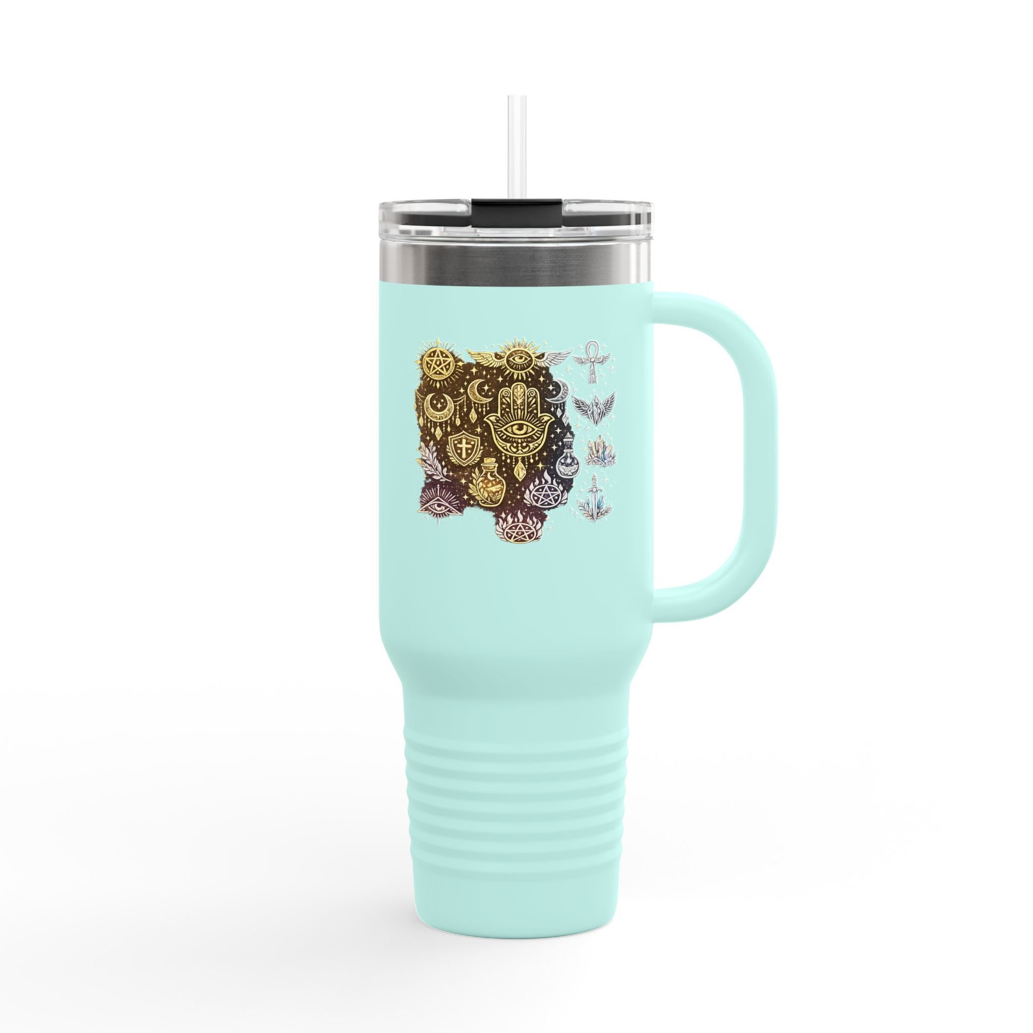40oz Insulated Travel Mug — Steampunk Gear Floral Motorcycle Skull