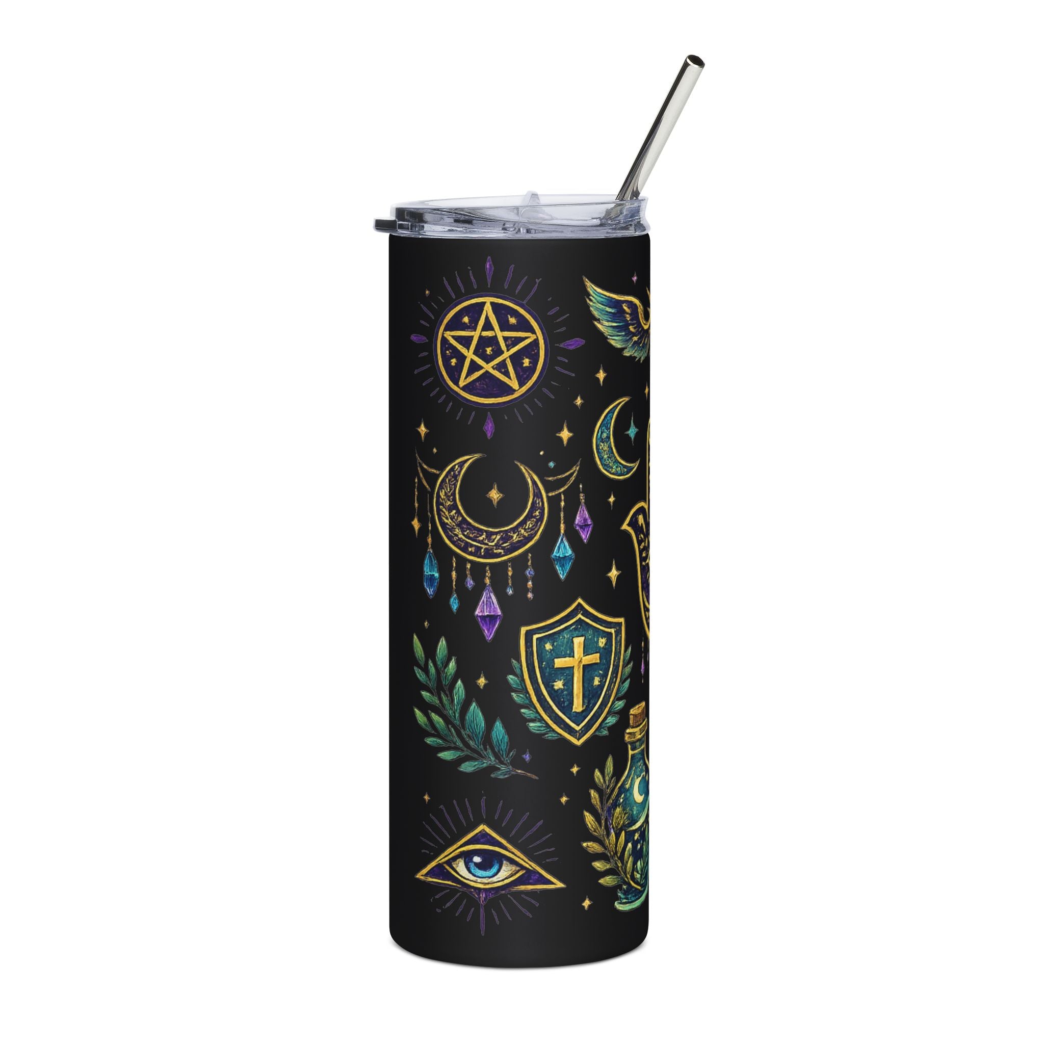 Mystic Symbols 20oz Stainless Tumbler — Hamsa, All-Seeing Eye & Moon Magic
