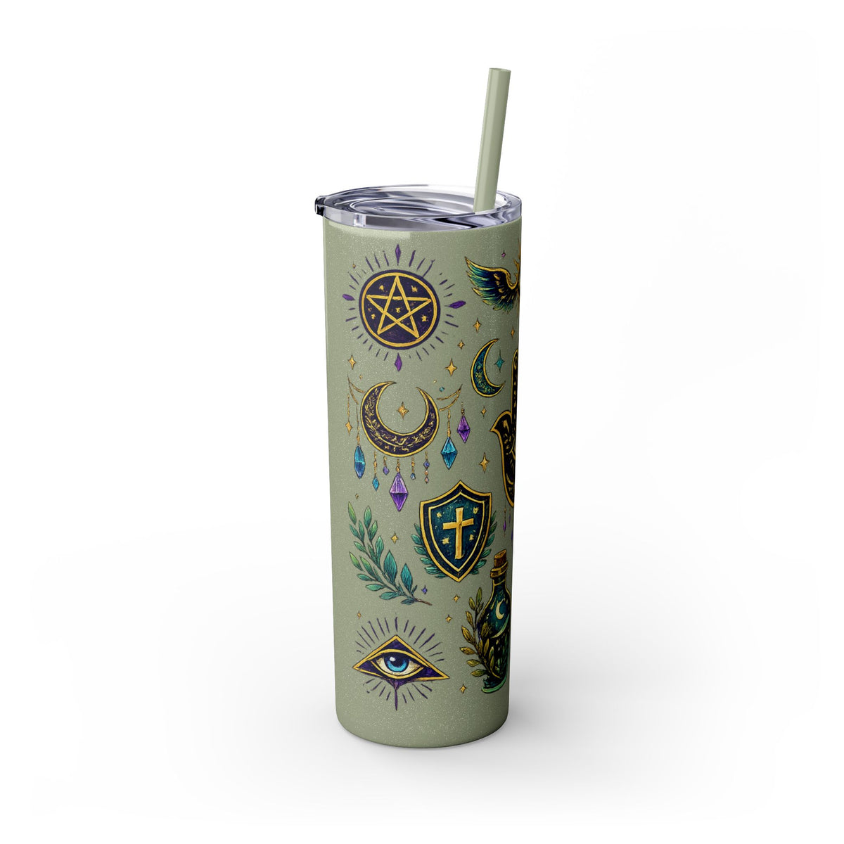 Mystic Symbols 20oz Skinny Tumbler with Straw — Hamsa, All-Seeing Eye & Moon