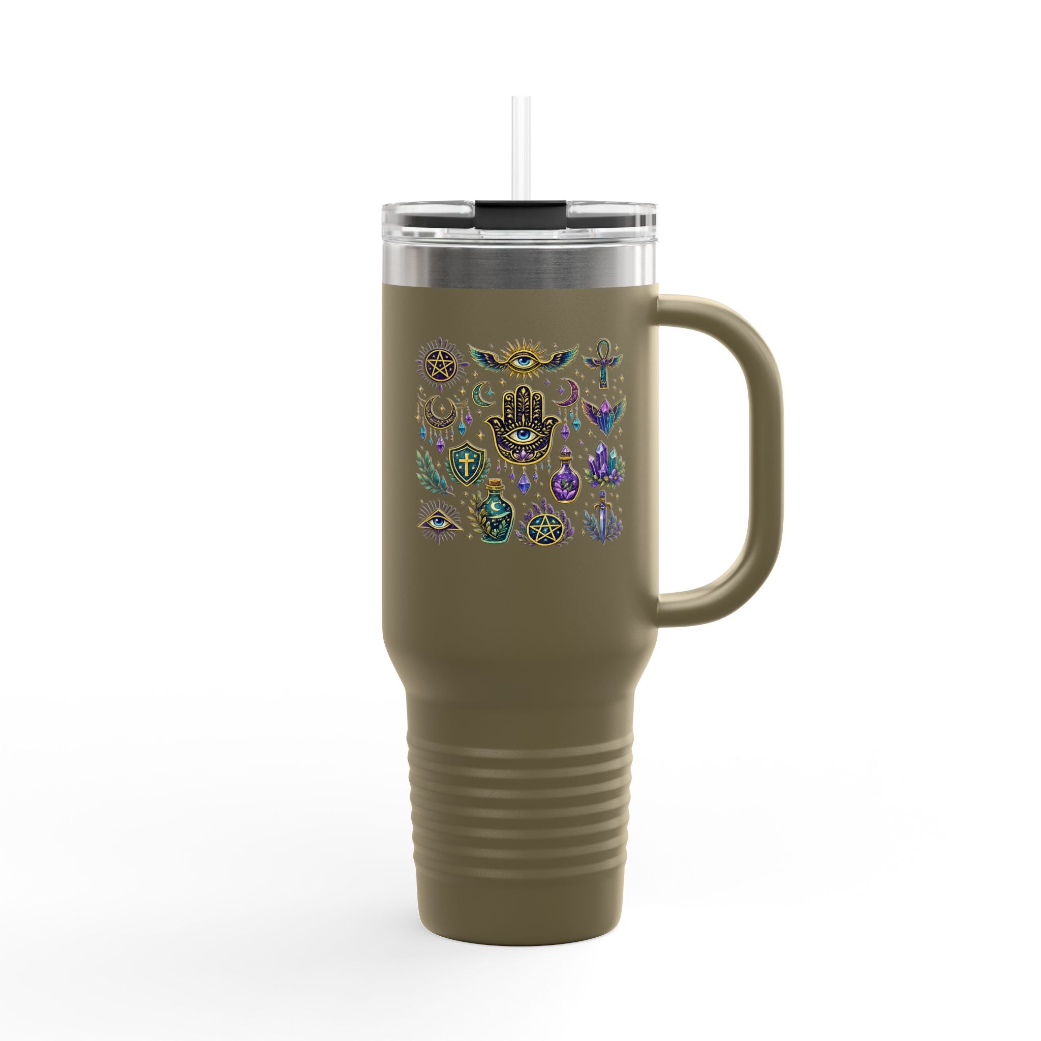 40oz Insulated Travel Mug — Mystical Symbols Floral Hamsa Stainless Steel Tumbler